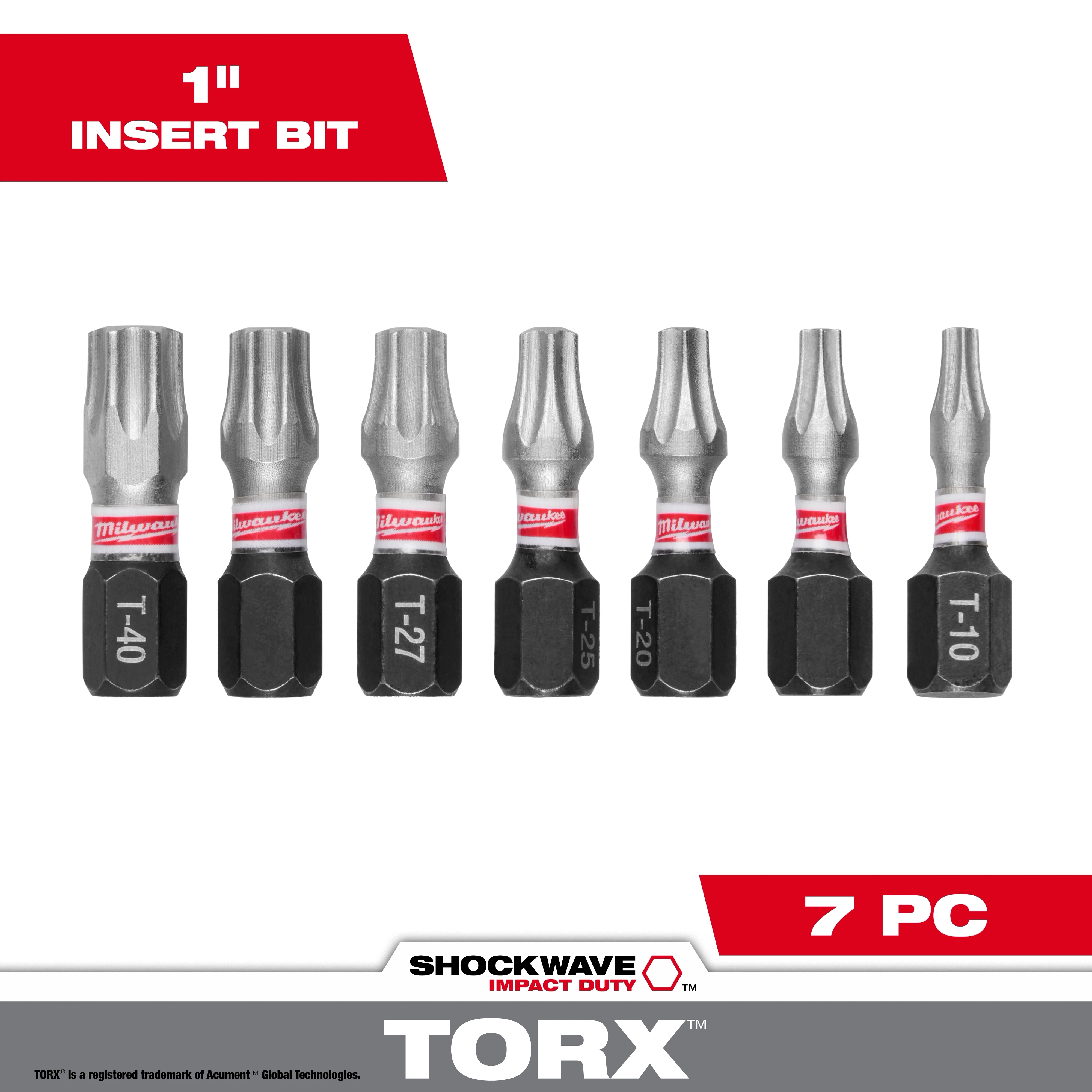 The image features seven SHOCKWAVE™ 1" Impact TORX® T20 Insert Bits in a pack of 7. Each bit is labeled with its size and has a metallic upper and black hexagonal base, designed for durability and high torque transfer in impact drivers.