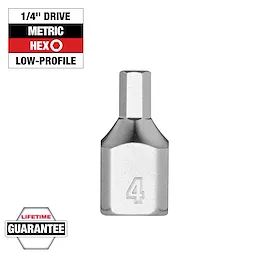 1/4" Drive 4mm Low-Profile Hex Bit Socket with a lifetime guarantee, labeled '4' in the center, and hexagonal shape on top.