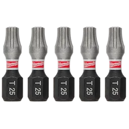 The image shows five SHOCKWAVE™ 1" Impact TORX® T25 Insert Bits (5 PK) aligned in a row. Each bit is marked with "T 25" and features a silver tip, red band, and black base. These bits are used for impact drivers.