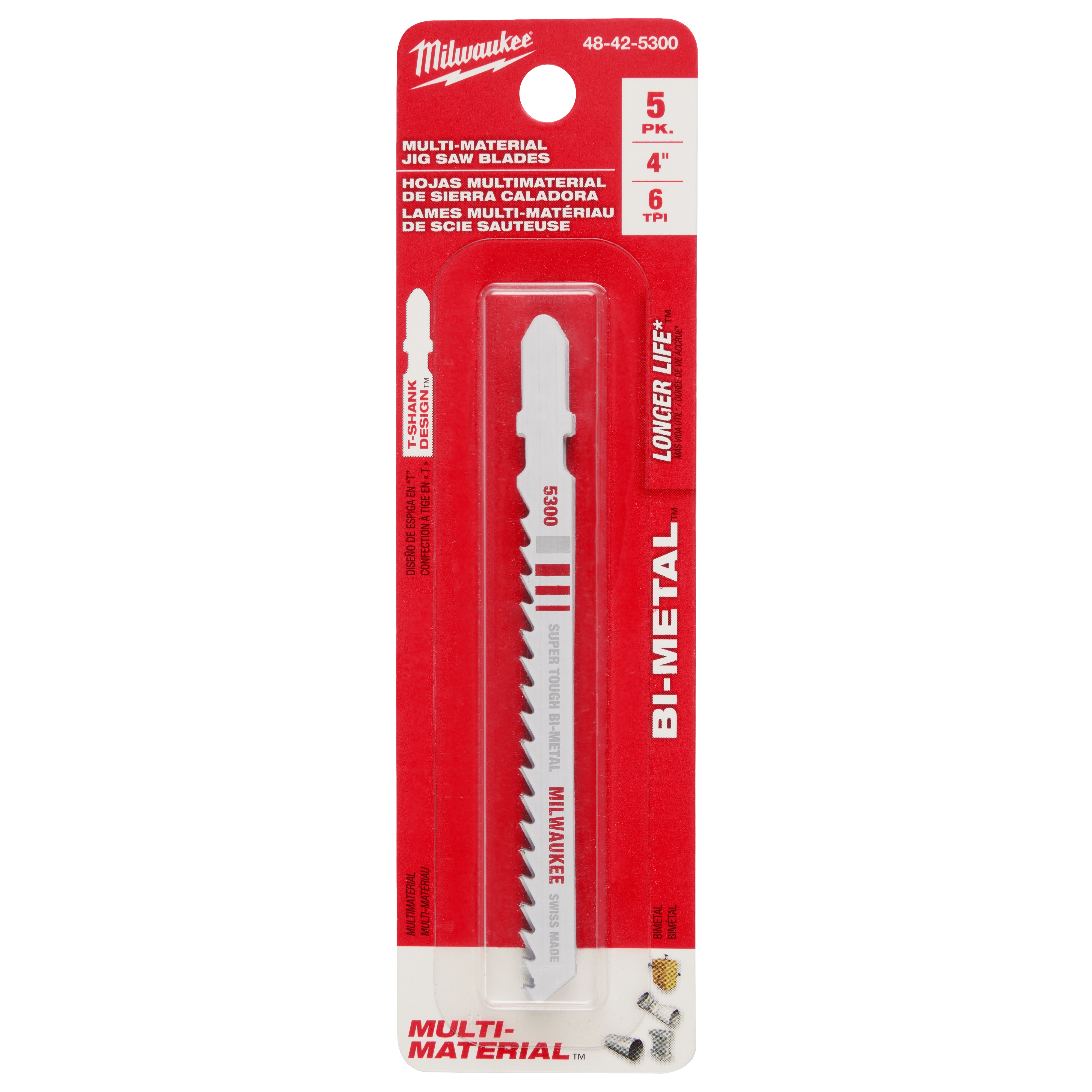4" 6TPI T-Shank Multi Material Bi-Metal Jig Saw Blades 5PK, packaged in red and white with blade visible inside.