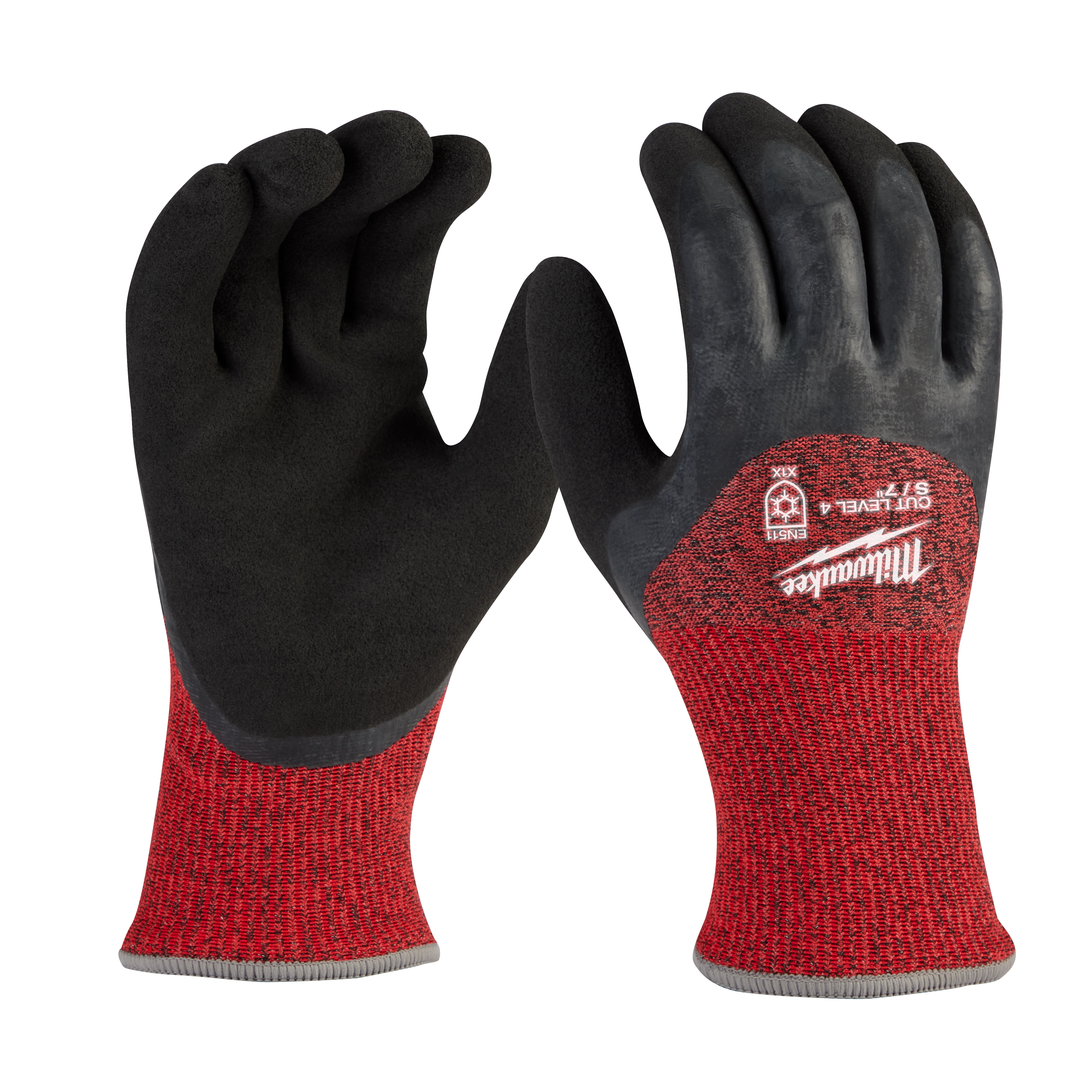 Cut Level 4 Winter Dipped Gloves - S are red and black gloves with a textured grip, designed for high durability and warm use.