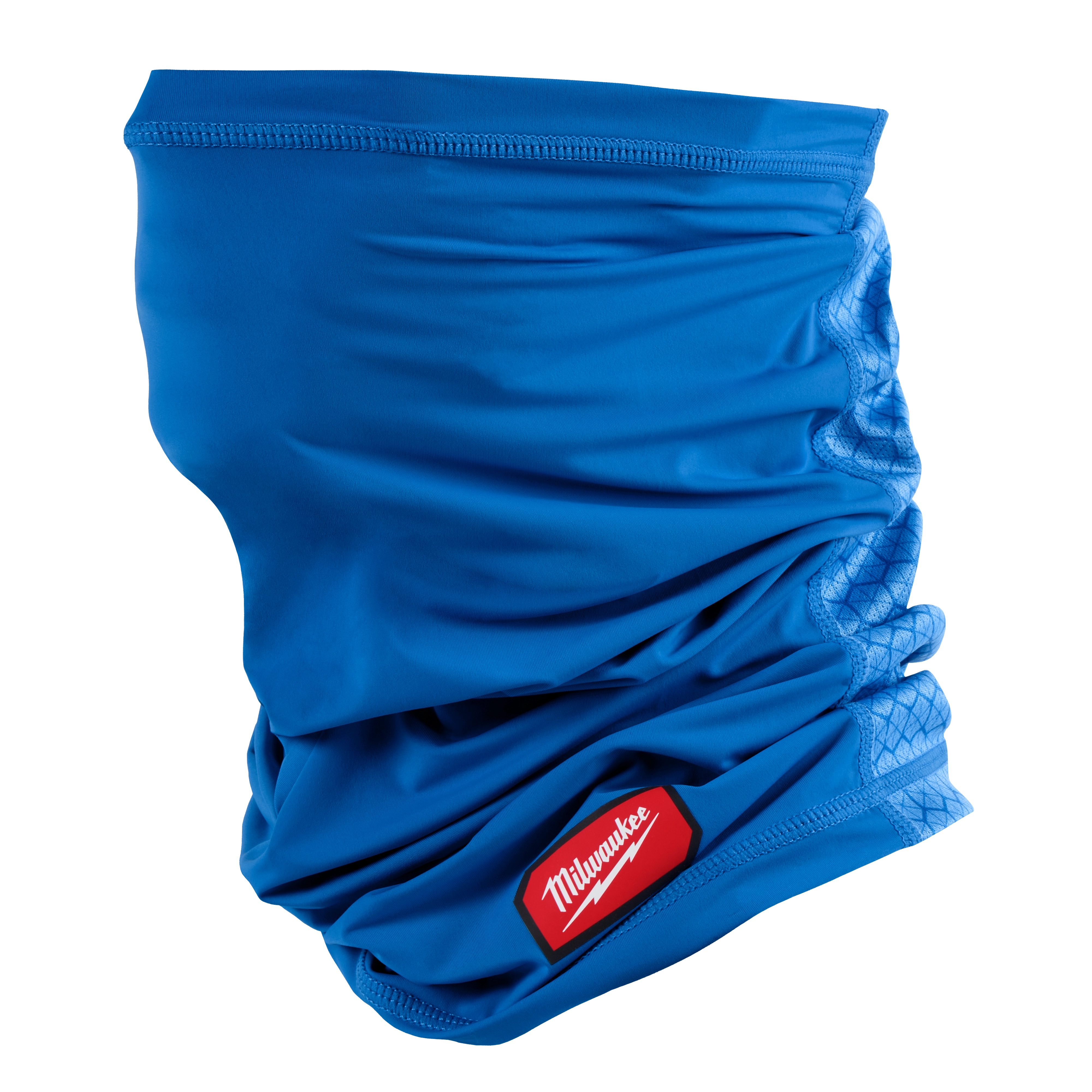 Blue Cooling Neck Gaiter with the Milwaukee logo on a red tag. The fabric appears breathable and flexible, designed to keep the neck cool and comfortable during use.