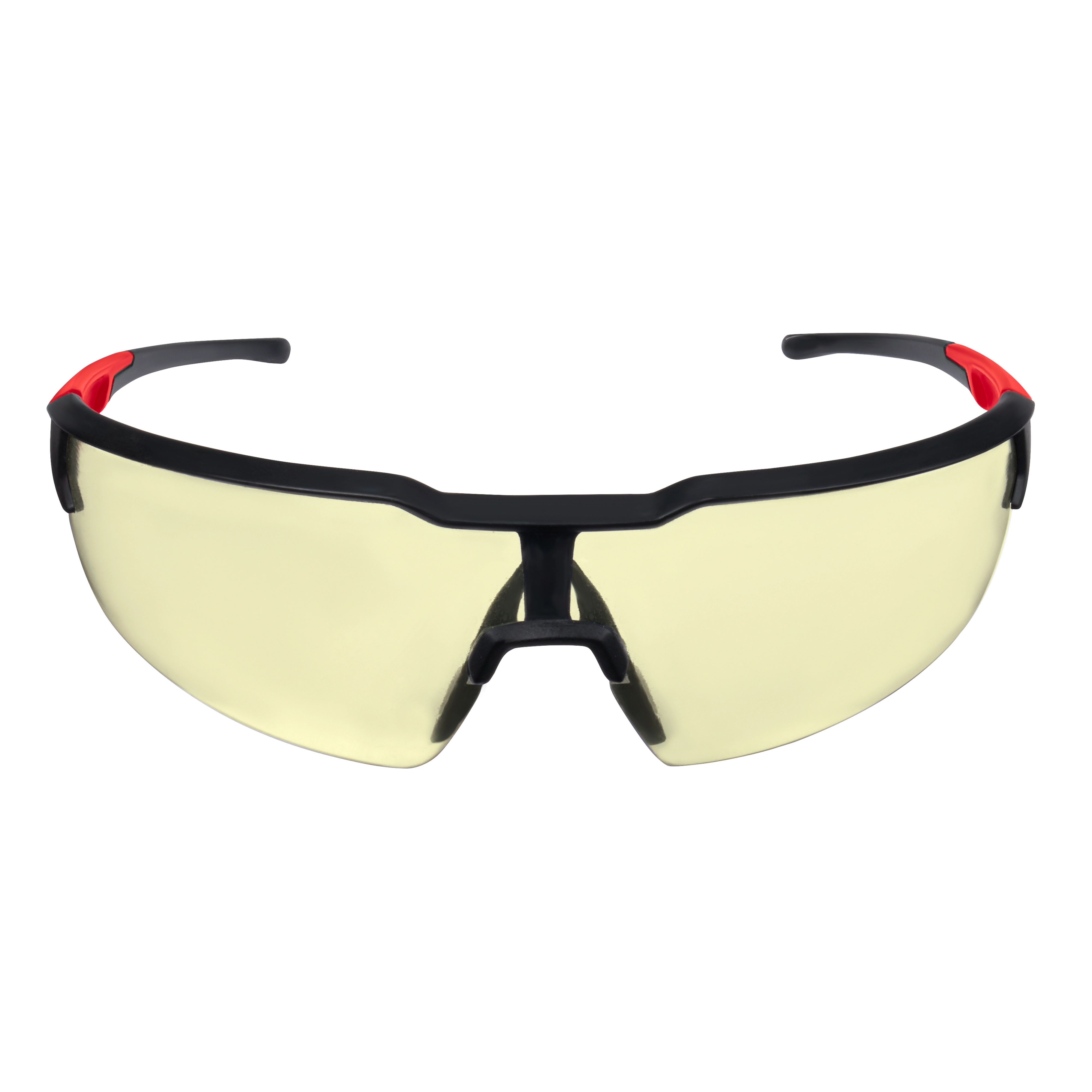 Safety Glasses - Yellow Anti-Scratch Lenses with a black frame and red accents, featuring wrap-around protection and comfortable fit.