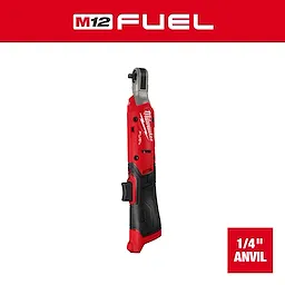 Milwaukee M12 FUEL™ 1/4" Ratchet features a red and black design with ergonomic rubber grip handle. It has a small head and anvil for tight spaces. Visible branding reads "Milwaukee FUEL". Positioned vertically against a red background with text "1/4" Anvil" indicating the tool's specifications.