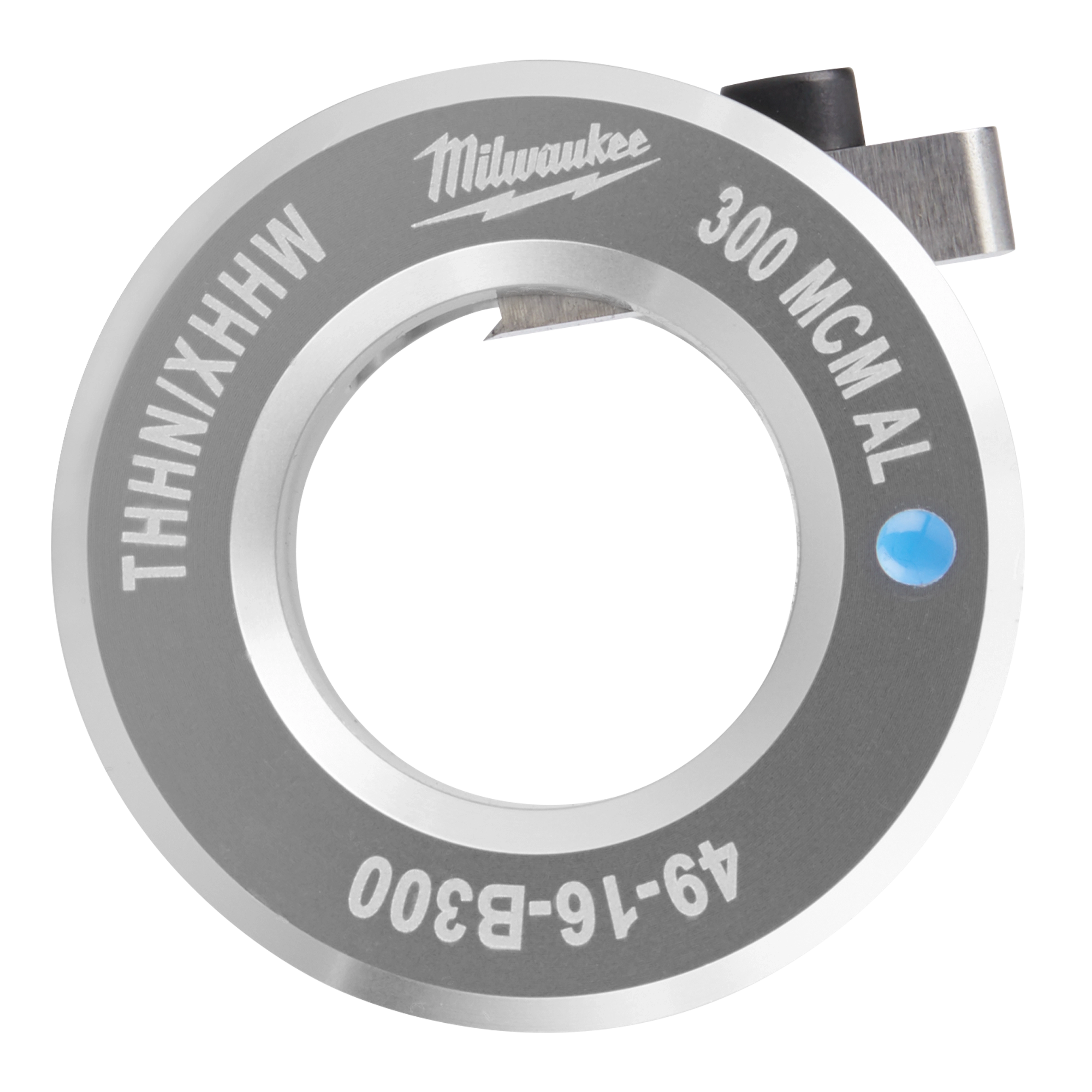 Milwaukee 300 MCM AL cutter is a circular metal tool for cutting aluminum, with text "THHN/XHHW" and "49-16-B300" engraved.