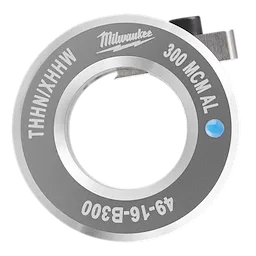 Milwaukee 300 MCM AL cutter is a circular metal tool for cutting aluminum, with text "THHN/XHHW" and "49-16-B300" engraved.