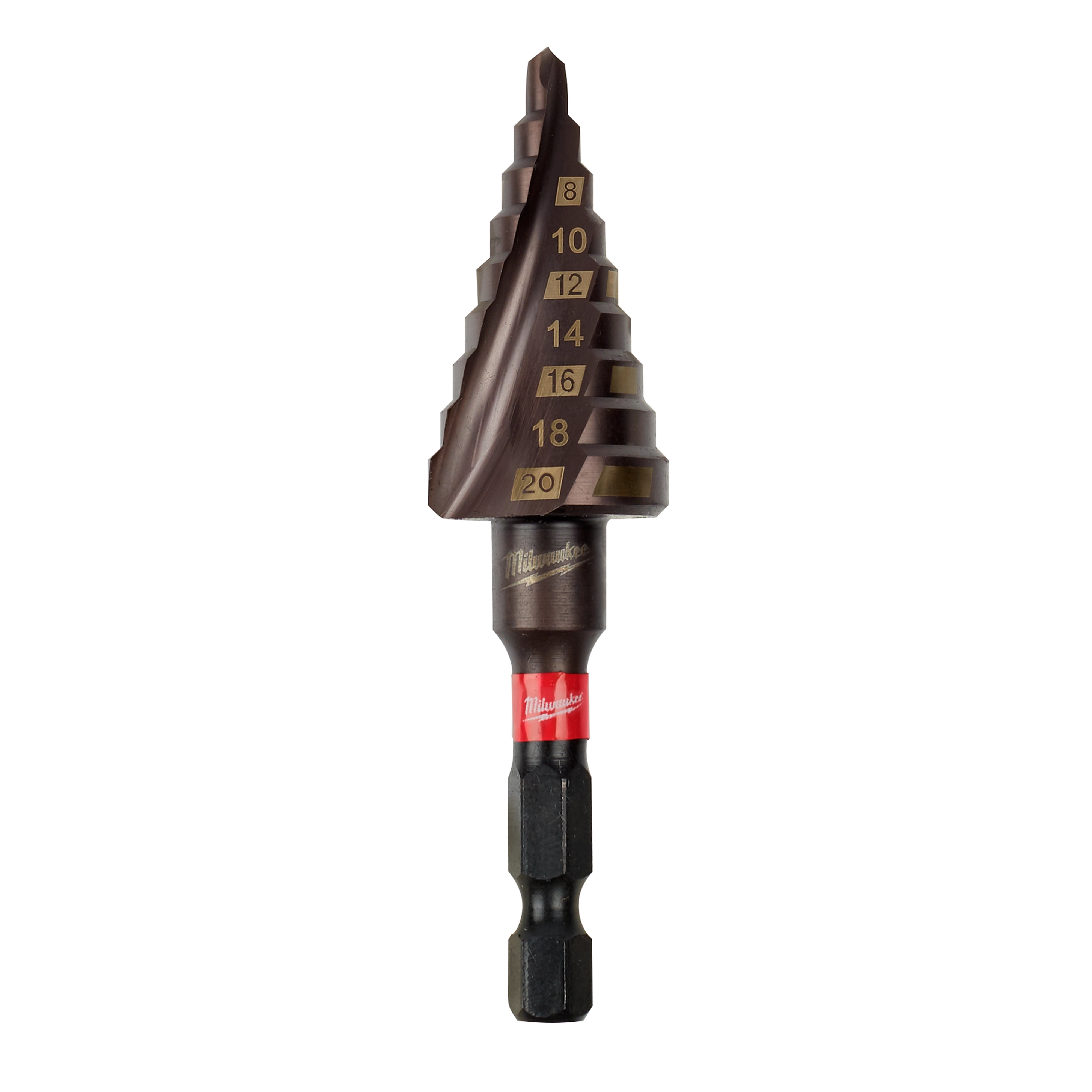 SHOCKWAVE Impact Duty Metric Step Bit 4-20mm features a step design with marked increments for precise hole sizes.