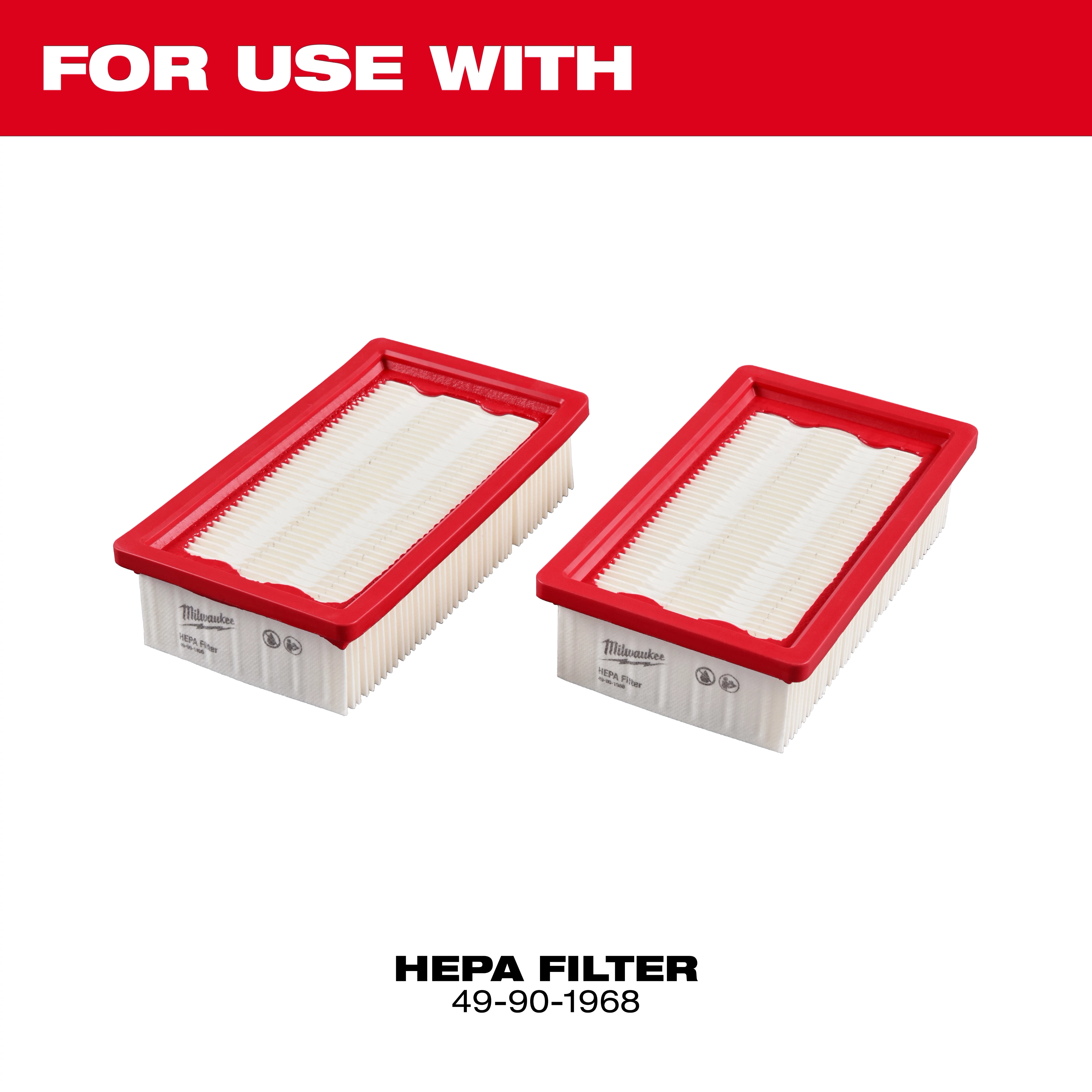 The NEXUS™ Dedicated Filter Cleaner is compatible with Milwaukee HEPA Filter 49-90-1968. The image displays two rectangular HEPA filters with white pleated material and red frames, intended for use with the NEXUS™ cleaner system.