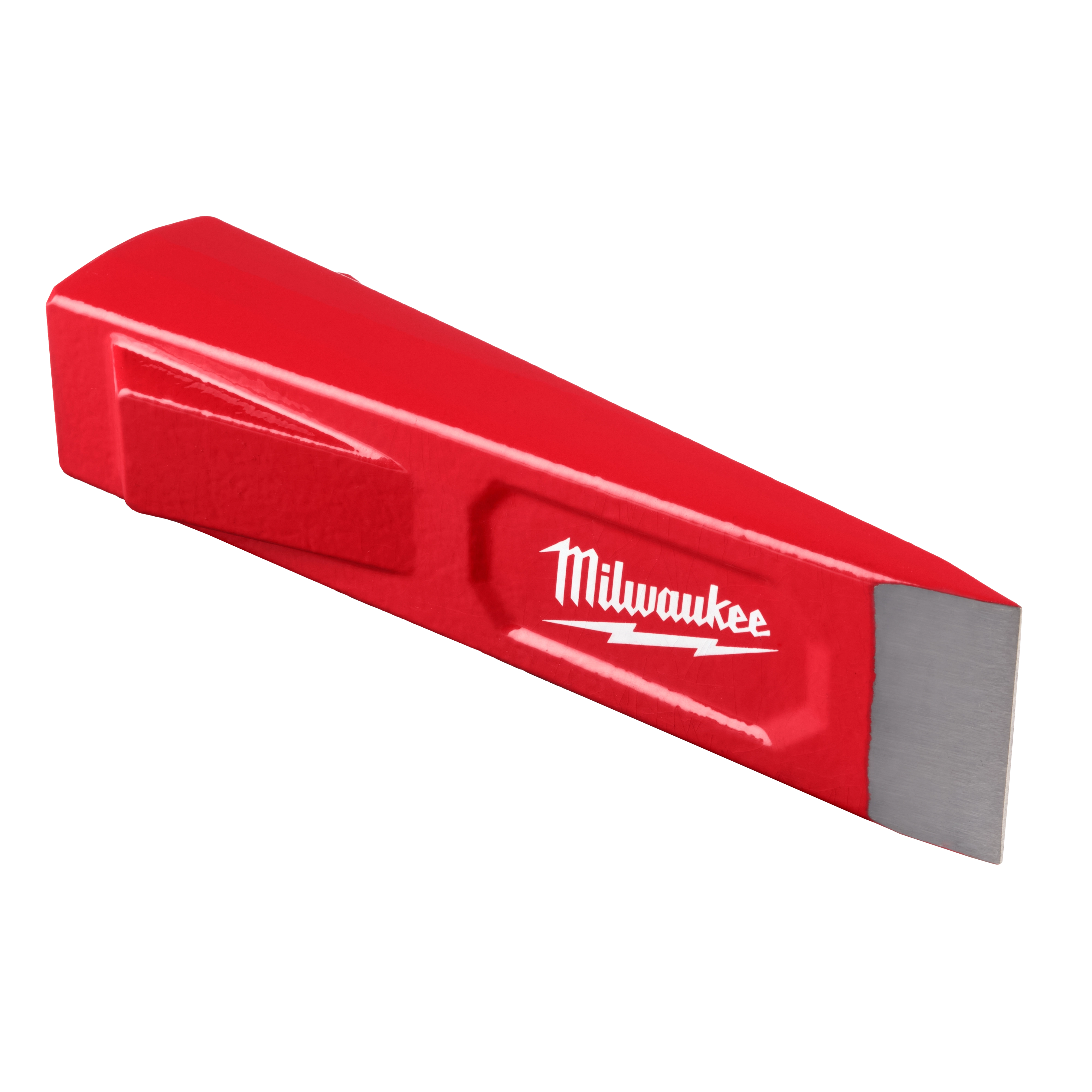 The image shows a red 5lb Splitting Wedge by Milwaukee with a beveled edge for splitting wood. The tool has a logo stamped on one side.