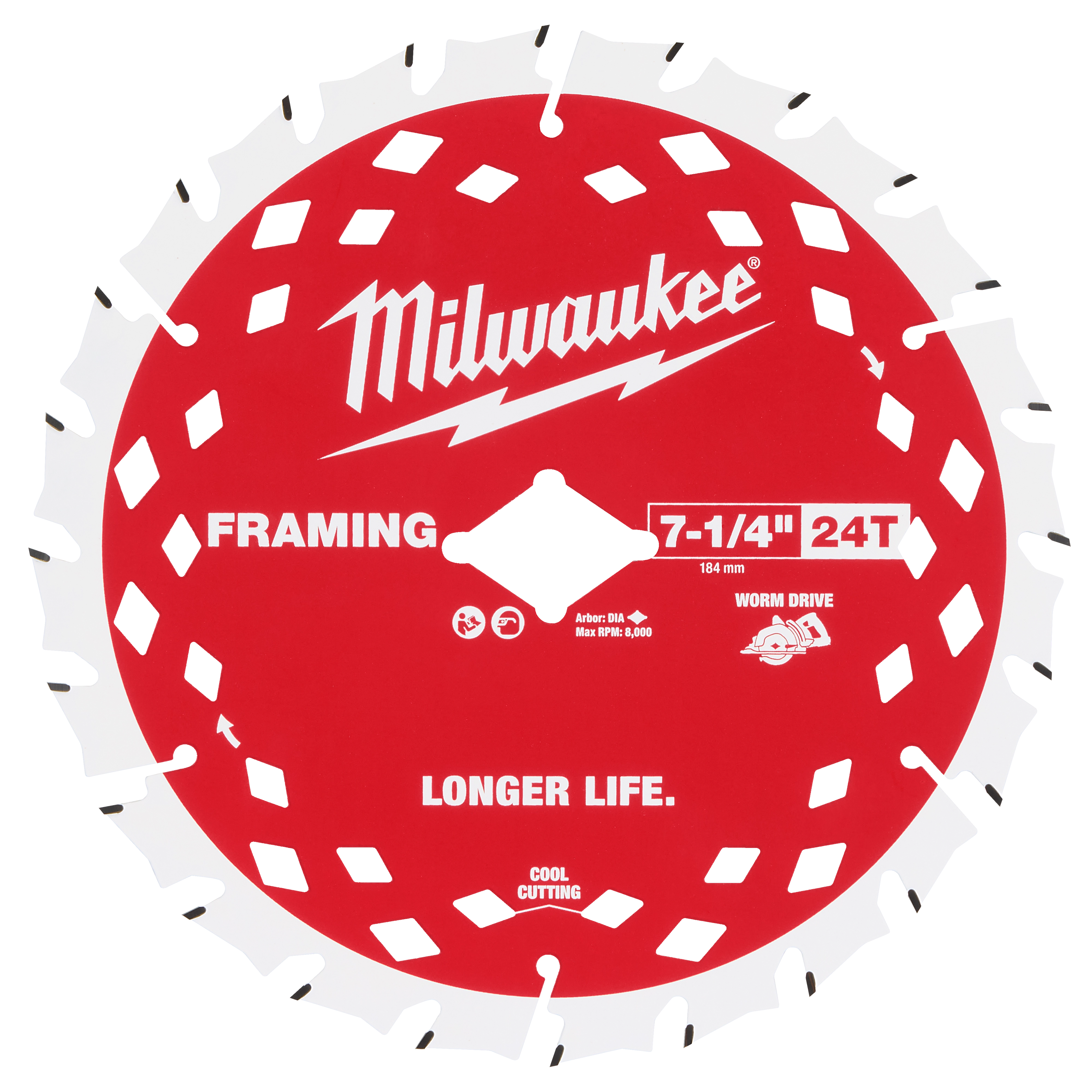 Red 7-1/4" 24T Worm Drive Framing Circular Saw Blade with "Cool Cutting" and "Longer Life" text, showing brand name and specifications.