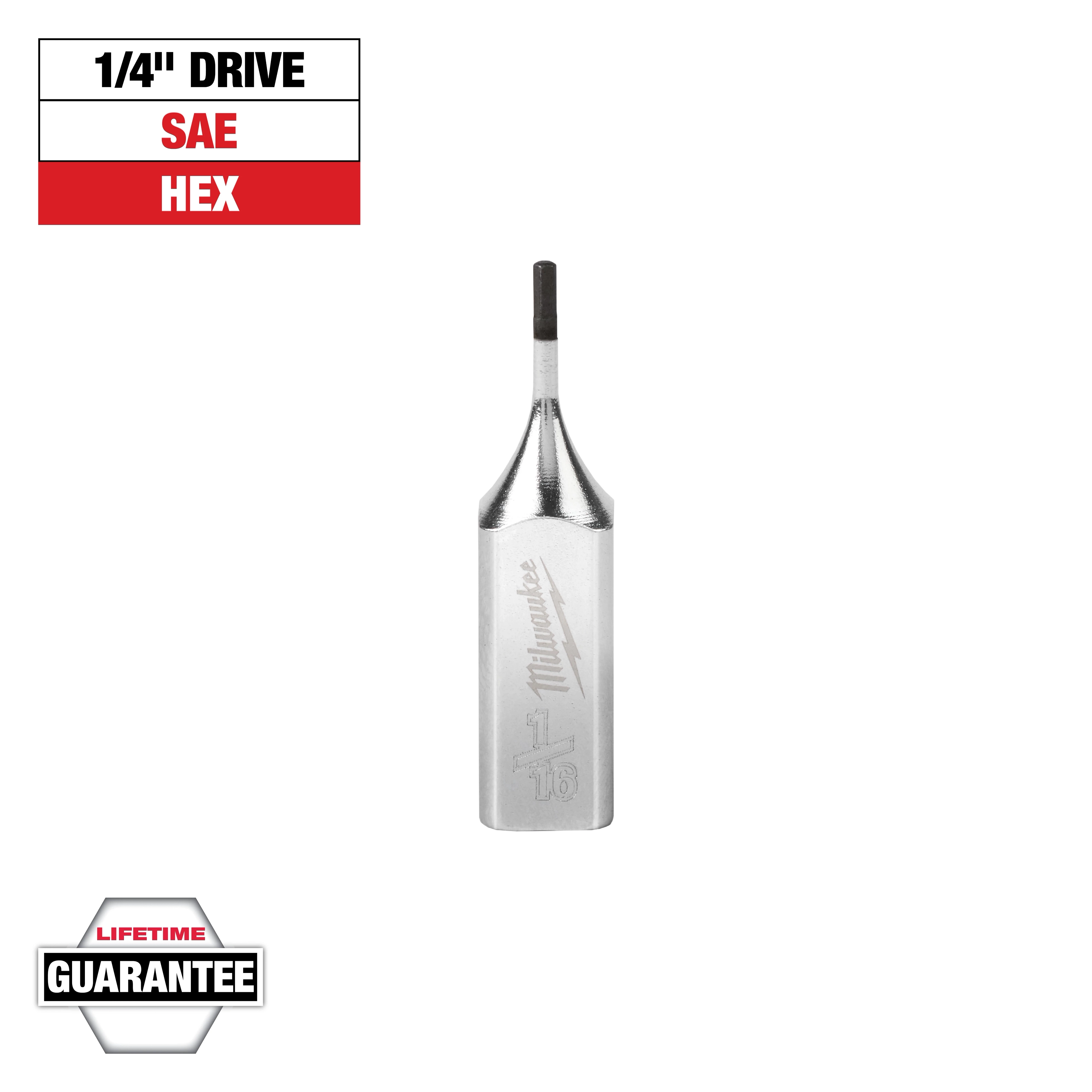 The image shows a 1/16 inch Milwaukee 1/4" drive SAE hex bit. It is metallic with engraved markings. The top left corner indicates "1/4" DRIVE SAE HEX" in black and red, and the bottom left displays "LIFETIME GUARANTEE."