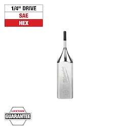 The image shows a 1/16 inch Milwaukee 1/4" drive SAE hex bit. It is metallic with engraved markings. The top left corner indicates "1/4" DRIVE SAE HEX" in black and red, and the bottom left displays "LIFETIME GUARANTEE."