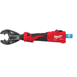 Milwaukee M18™ FORCE LOGIC™ 6T Linear Utility Crimper with BG-D3 and Cutting Jaws. The tool is red with black grips and features crimping jaws, a trigger, and a wireless connectivity indicator.