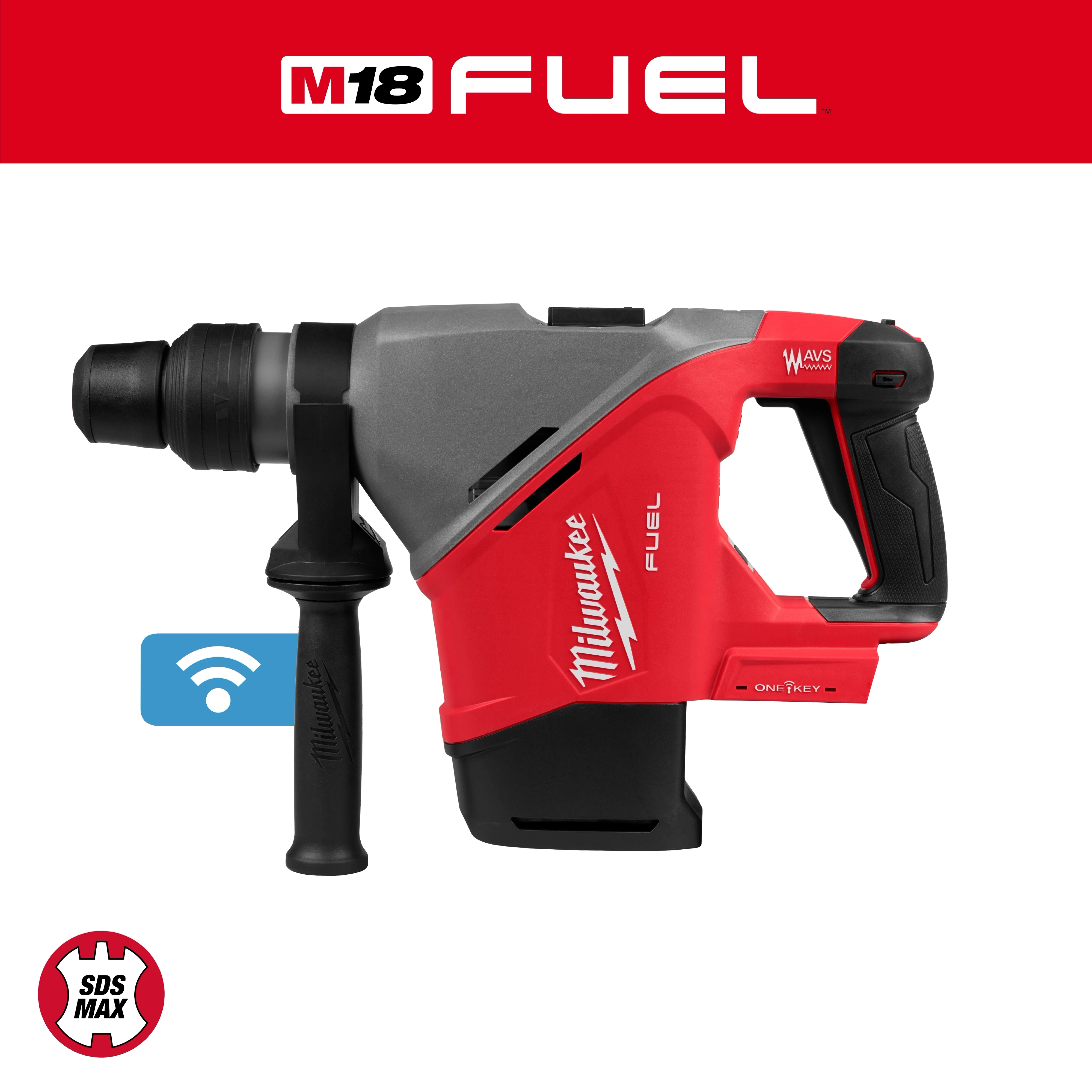 Milwaukee M18 FUEL 1-9/16" SDS Max Rotary Hammer with ONE-KEY displayed with a red handle, side grip, and gray body.