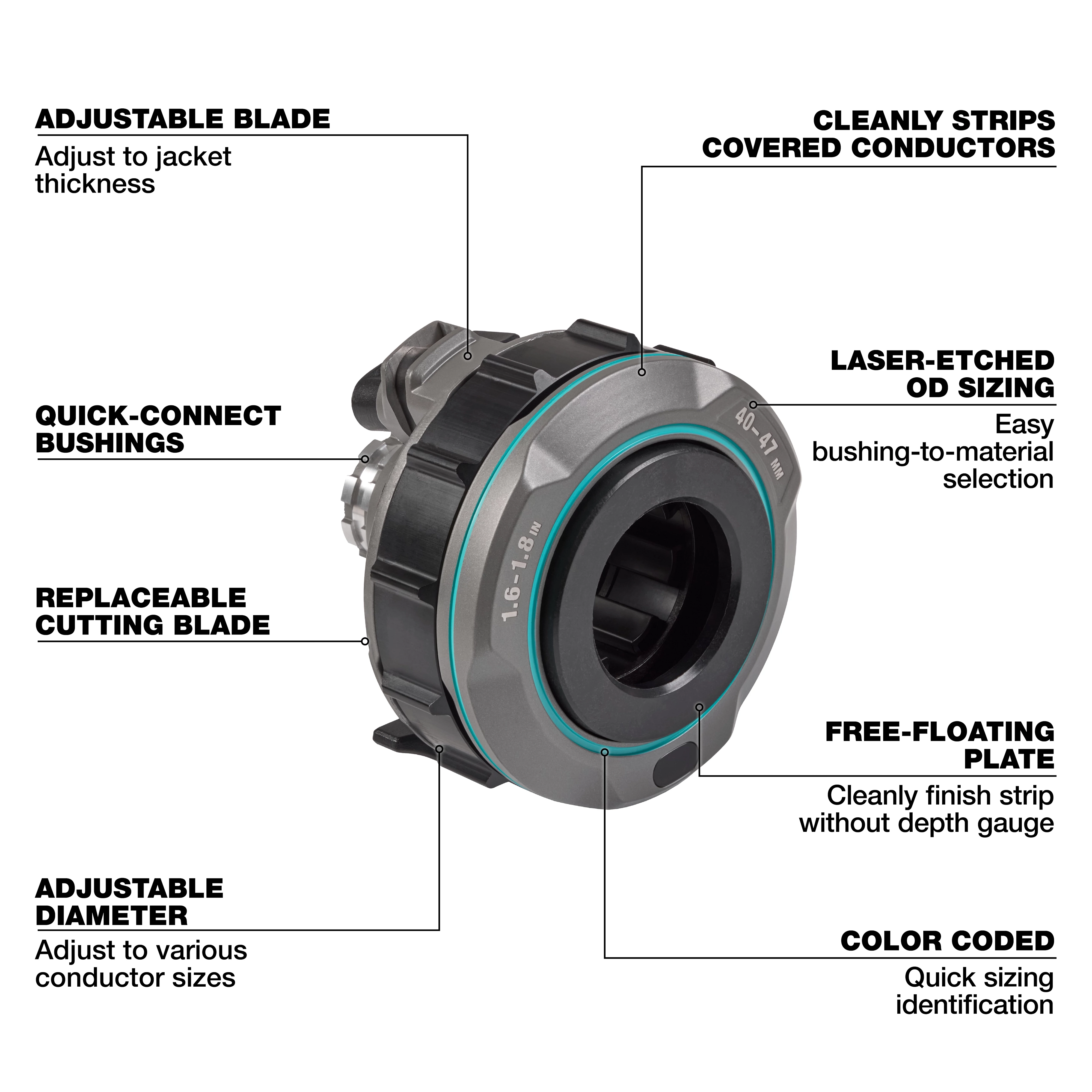 1.6" - 1.8" Adjustable Bushing for M18 FUEL™ Covered Conductor Cable Stripper features adjustable blade and diameter, quick-connect bushings, replaceable cutting blade, laser-etched sizing, color coding, and a free-floating plate for clean stripping of covered conductors.