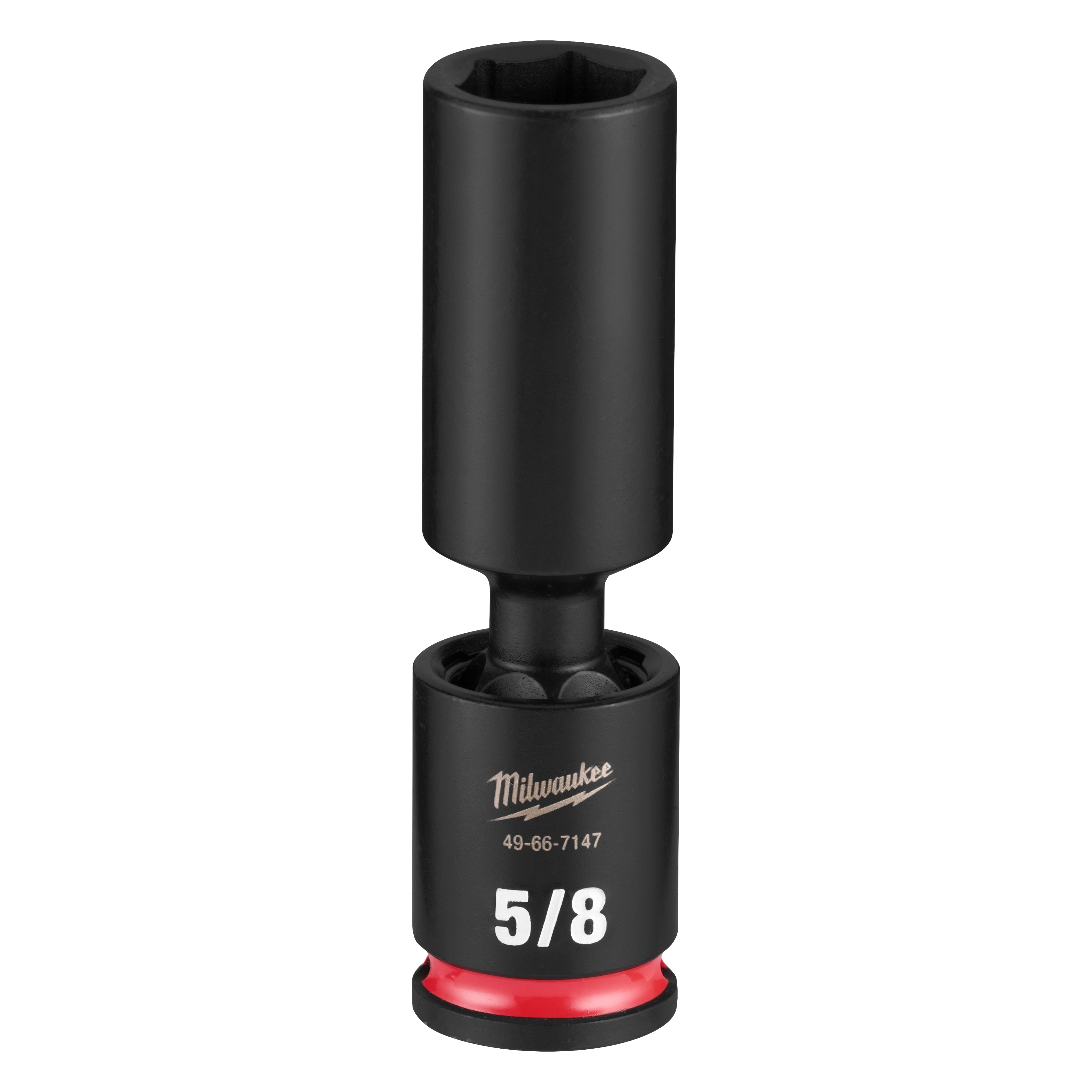 Black SHOCKWAVE Impact Duty 3/8" Drive 5/8" Deep Swivel Socket with white markings and a red ring at the base.