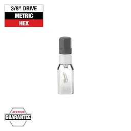 The image shows a Milwaukee 10mm hex bit socket for a 3/8-inch drive. The background includes a label indicating "3/8'' DRIVE METRIC HEX" and a "Lifetime Guarantee" badge at the bottom. The socket is metallic with a black hex tip.
