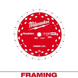 Red 7-1/4" 24T Framing Circular Saw Blade with white text, stating "Longer Life" and "Cool Cutting," designed for corded and cordless saws.
