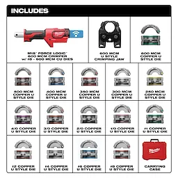 The image displays the M18™ FORCE LOGIC™ 600 MCM Crimper with #8 - 600 MCM Cu Dies. It includes various copper U style dies in sizes ranging from #8 to 600 MCM, a crimping jaw, and a carrying case. Each die is labeled with its corresponding size and color-coded for easy identification.