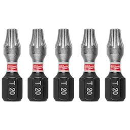 Five SHOCKWAVE™ 1" Impact TORX® T20 Insert Bits (5 PK) are lined up side-by-side. They have a metallic bit end, a red band with "Milwaukee" branding, and a black base marked with "T 20".