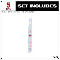 A 5-pack of 2-3/4" 24 TPI U-Shank Metal Cutting Bi-Metal Jig Saw blades, shown individually with packaging text.