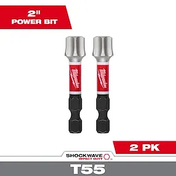 Image of two SHOCKWAVE™ Impact Duty 2" T55 Impact Bits from Milwaukee, packaged in a 2PK. These power bits are designed for high-performance use in demanding applications. The product branding includes red accents and robust construction for durability.