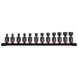 The image displays a 12PC SHOCKWAVE Impact Duty 1/4" Drive 6 Point Metric Standard Swivel Socket Set. The set includes sockets ranging from sizes 5 to 15, all organized on a black holding rack.