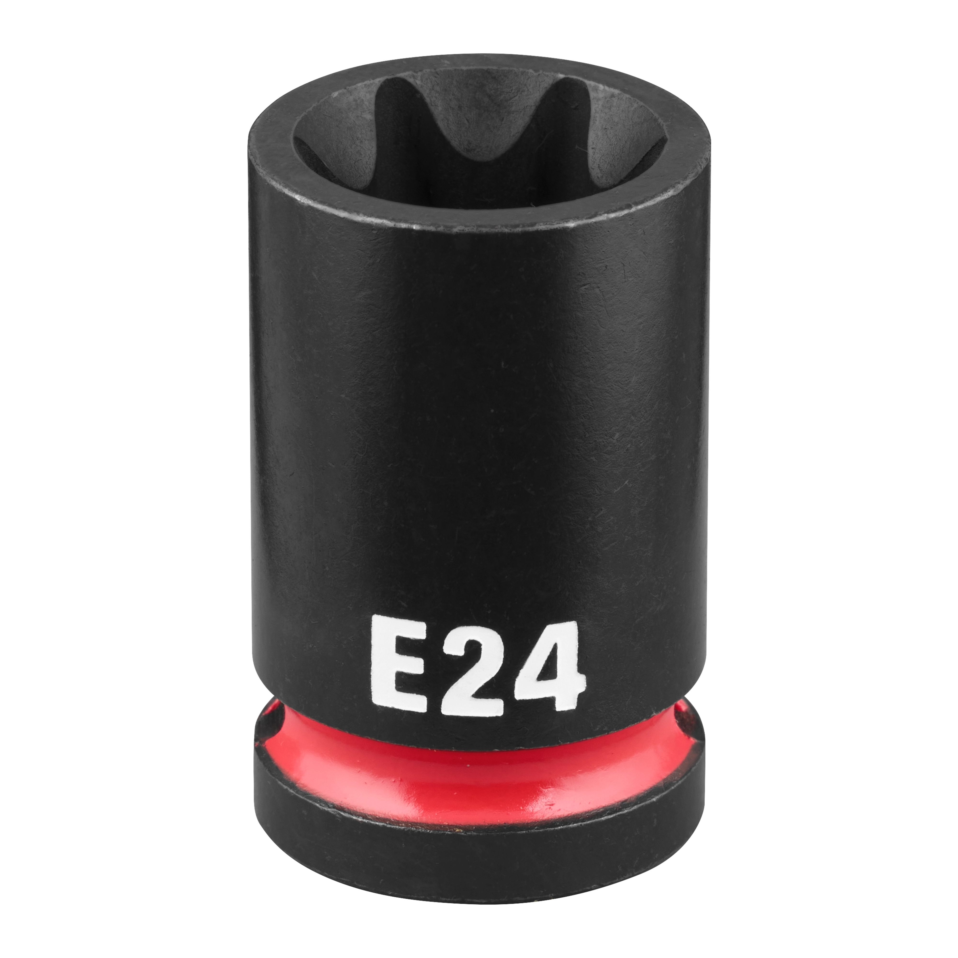 SHOCKWAVE Impact Duty 1/2" Drive E-Torx E24 Bit Socket standing upright with E24 marking and red band near base.