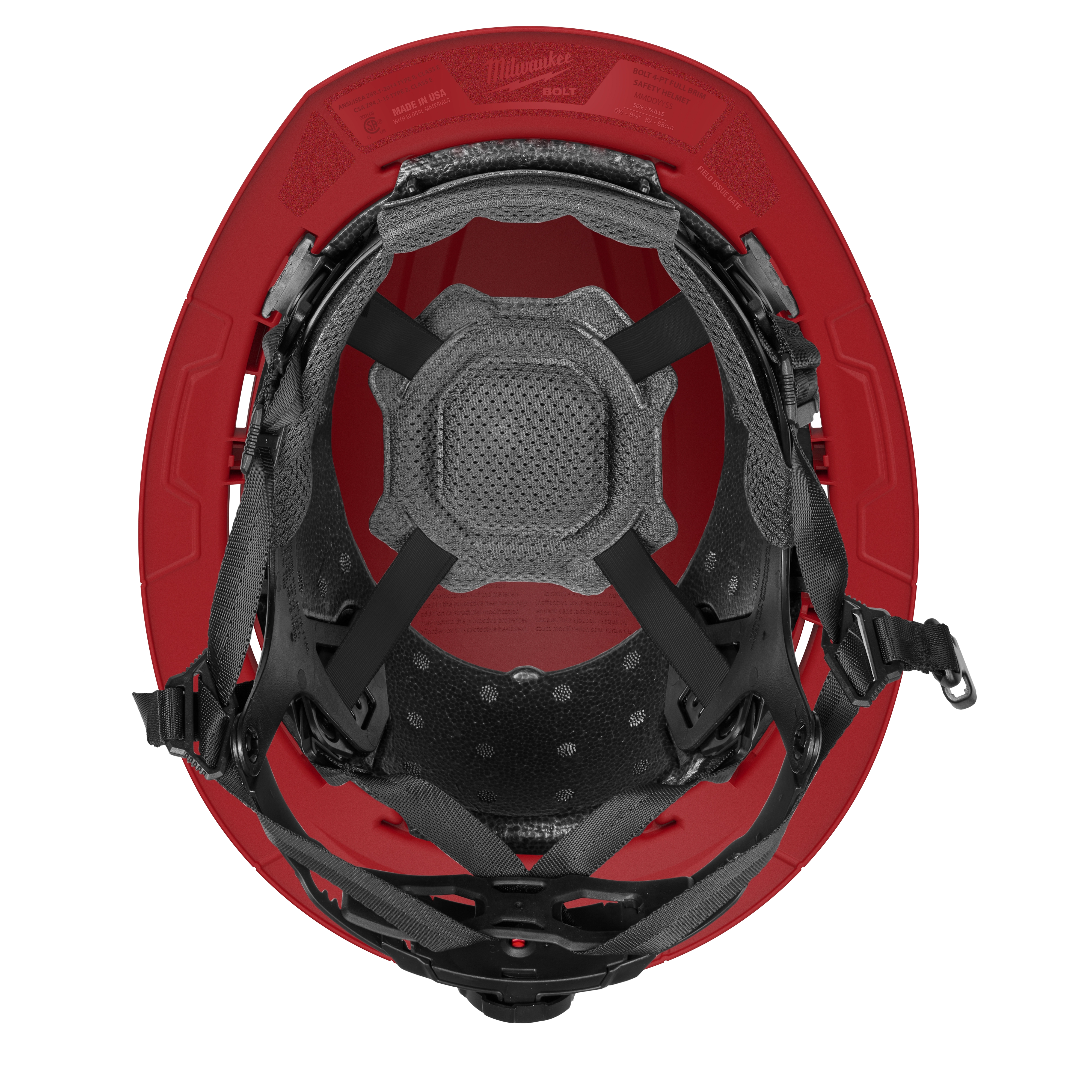 BOLT™ Red Full Brim Safety Helmet w/ 4pt Ratcheting Suspension – Type 2, Class E features a durable red outer shell with black internal padding and adjustable straps for comfort. Designed for high-impact protection, the helmet ensures safety in construction and industrial settings.