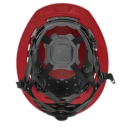 BOLT™ Red Full Brim Safety Helmet w/ 4pt Ratcheting Suspension – Type 2, Class E features a durable red outer shell with black internal padding and adjustable straps for comfort. Designed for high-impact protection, the helmet ensures safety in construction and industrial settings.
