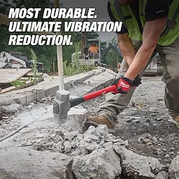 Person breaking concrete with a 10lb Sledge Hammer (36" Handle). Text says, "MOST DURABLE. ULTIMATE VIBRATION REDUCTION."