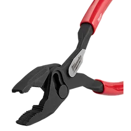 8" Slip Joint Pliers with black serrated jaws and red handles. The tool features a central pivot point that allows the jaw to adjust in size for gripping various objects.