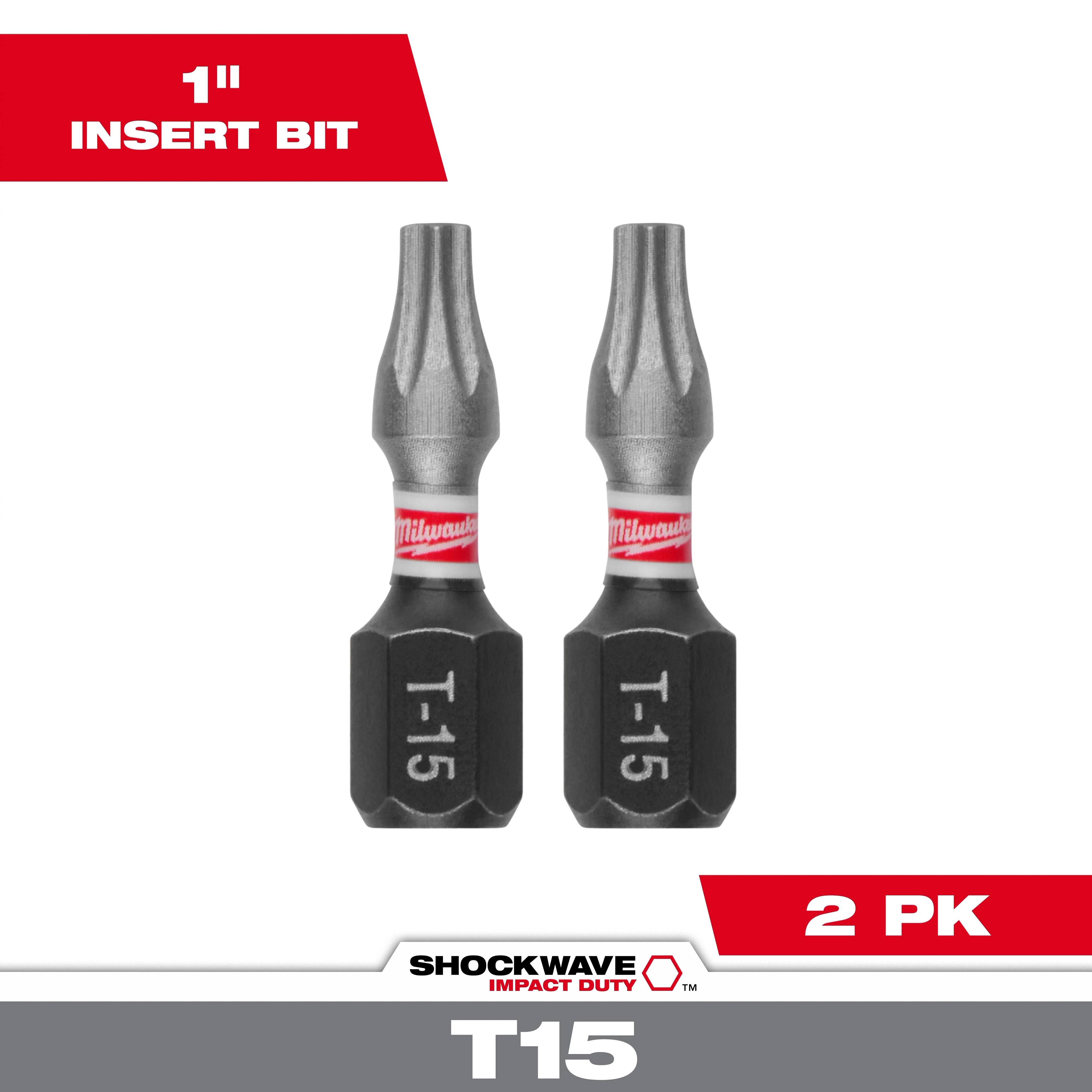 Image of SHOCKWAVE™ Impact TORX® T15 Insert Bits (2 PK). The package contains two T15 bits, each with a 1-inch insert length, designed for impact duty and adorned with a Milwaukee logo band.