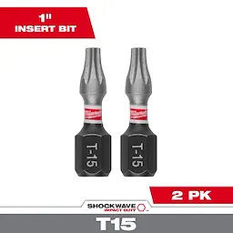 Image of SHOCKWAVE™ Impact TORX® T15 Insert Bits (2 PK). The package contains two T15 bits, each with a 1-inch insert length, designed for impact duty and adorned with a Milwaukee logo band.