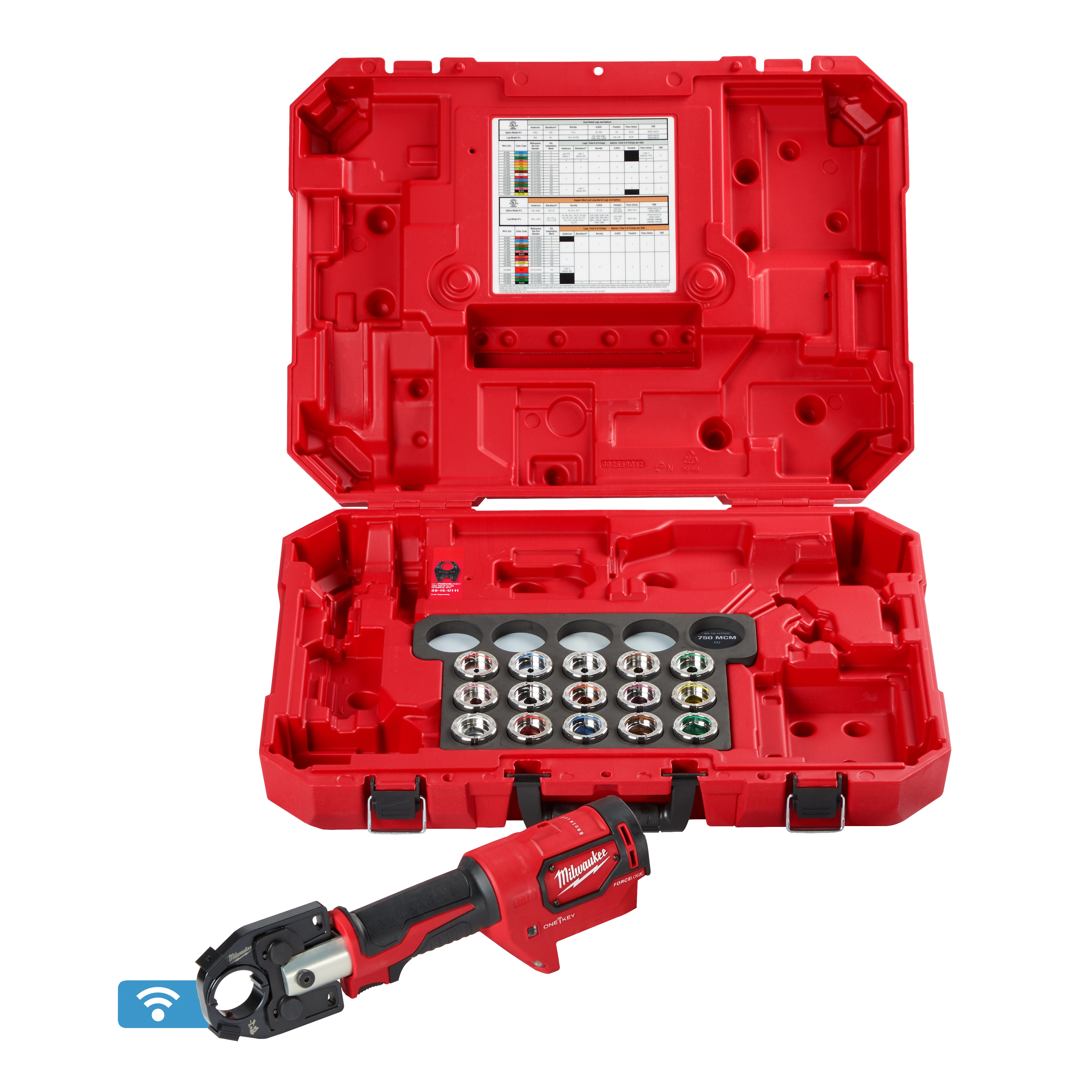 The M18™ FORCE LOGIC™ 600 MCM Crimper with #8 - 600 MCM Cu Dies is displayed in a red carrying case with multiple compartment sections. The set includes the crimper tool and various dies for copper crimping tasks, designed for electrical and mechanical applications.