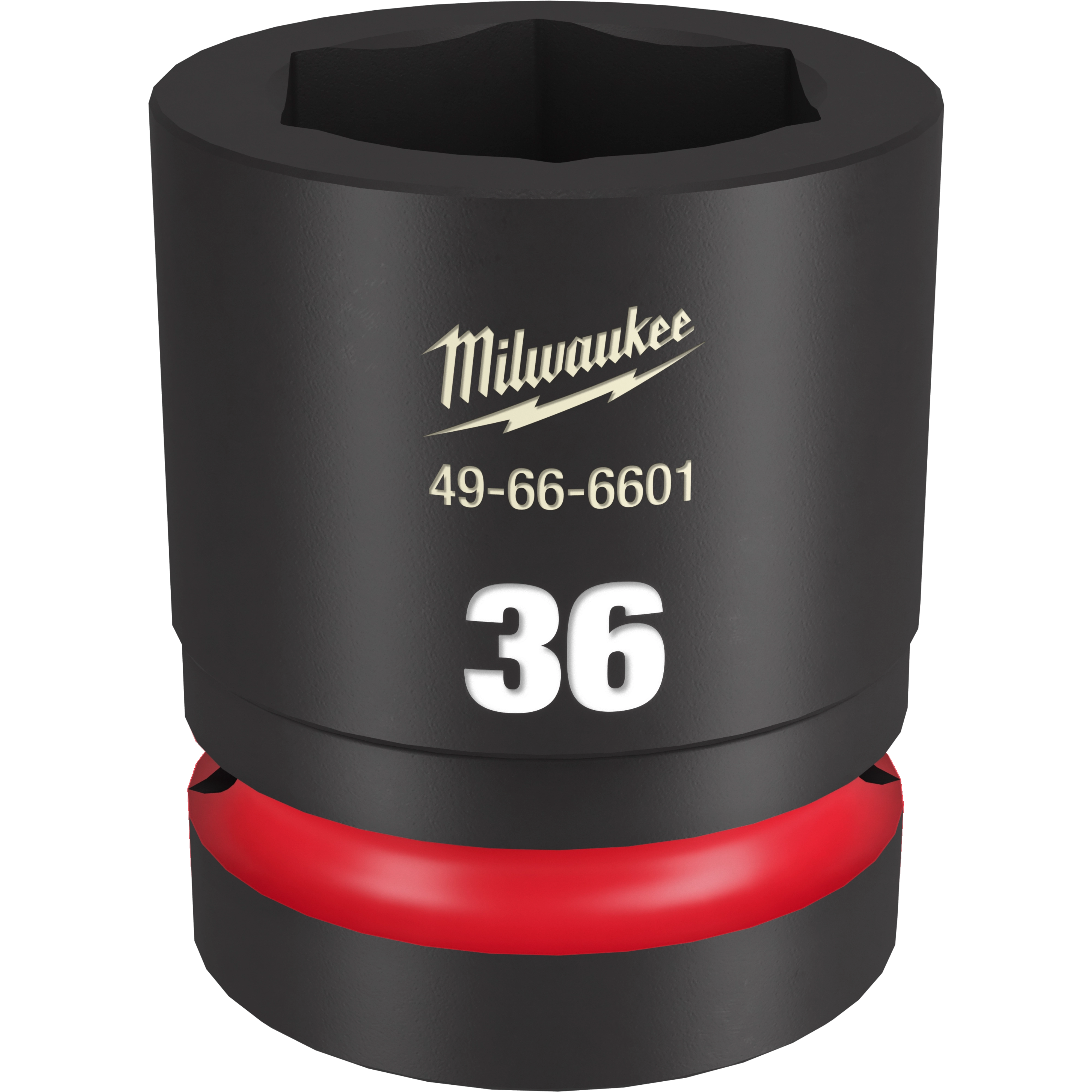 The 1" DR 36MM STD Impact Socket is a black, heavy-duty socket with a 36mm opening, featuring a red ring near the base and the product number 49-66-6601. It is designed for high-torque applications. The brand name is printed in gold lettering.