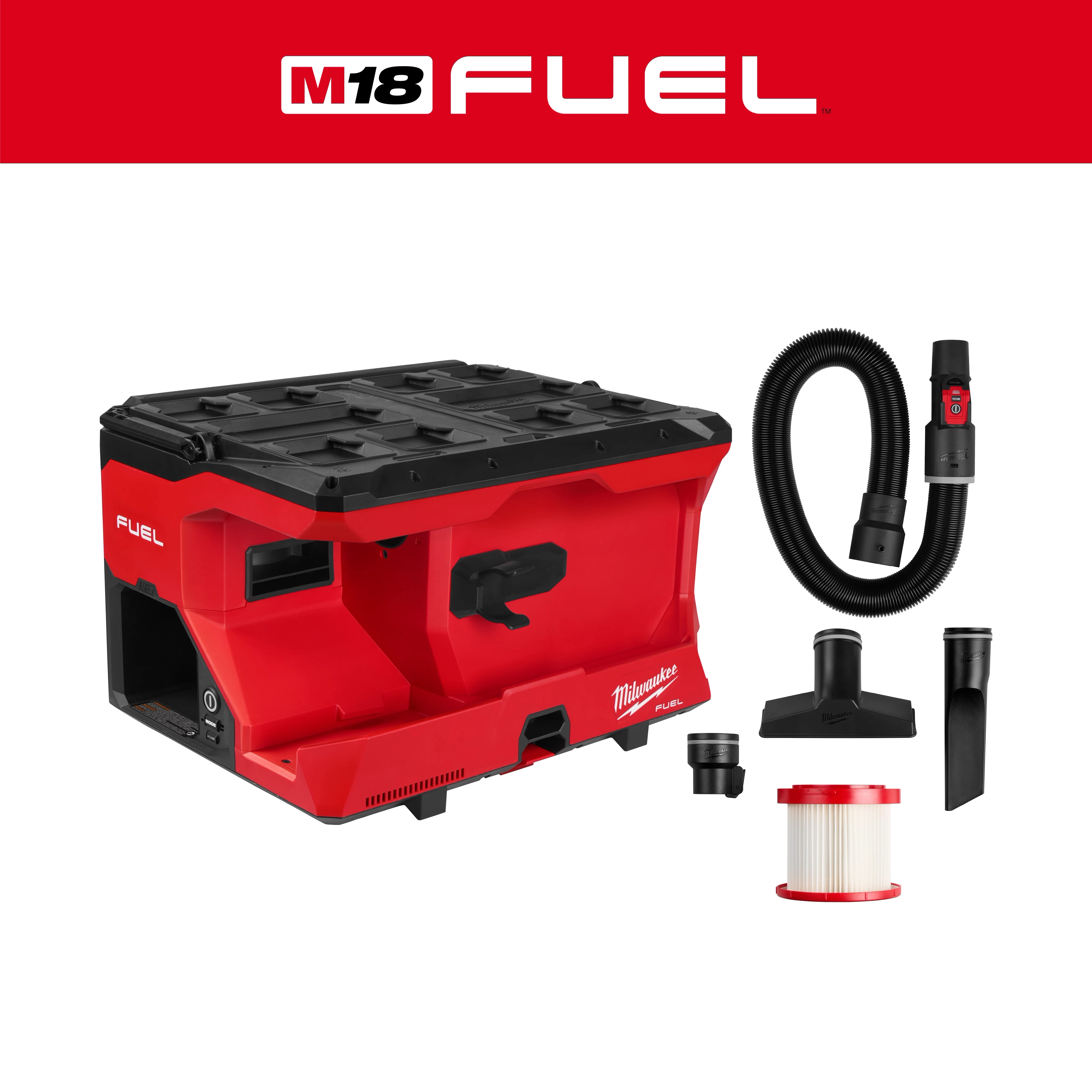 M18 FUEL 4 Gallon Wet/Dry Vacuum w/ PACKOUT Compatibility & VACLINK with hose, nozzles, and filter on a plain background.