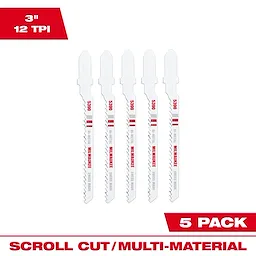 3" 12TPI T-Shank Multi-Material Bi-Metal Jig Saw Blades 5PK showing five blades in a package, designed for scroll cuts.