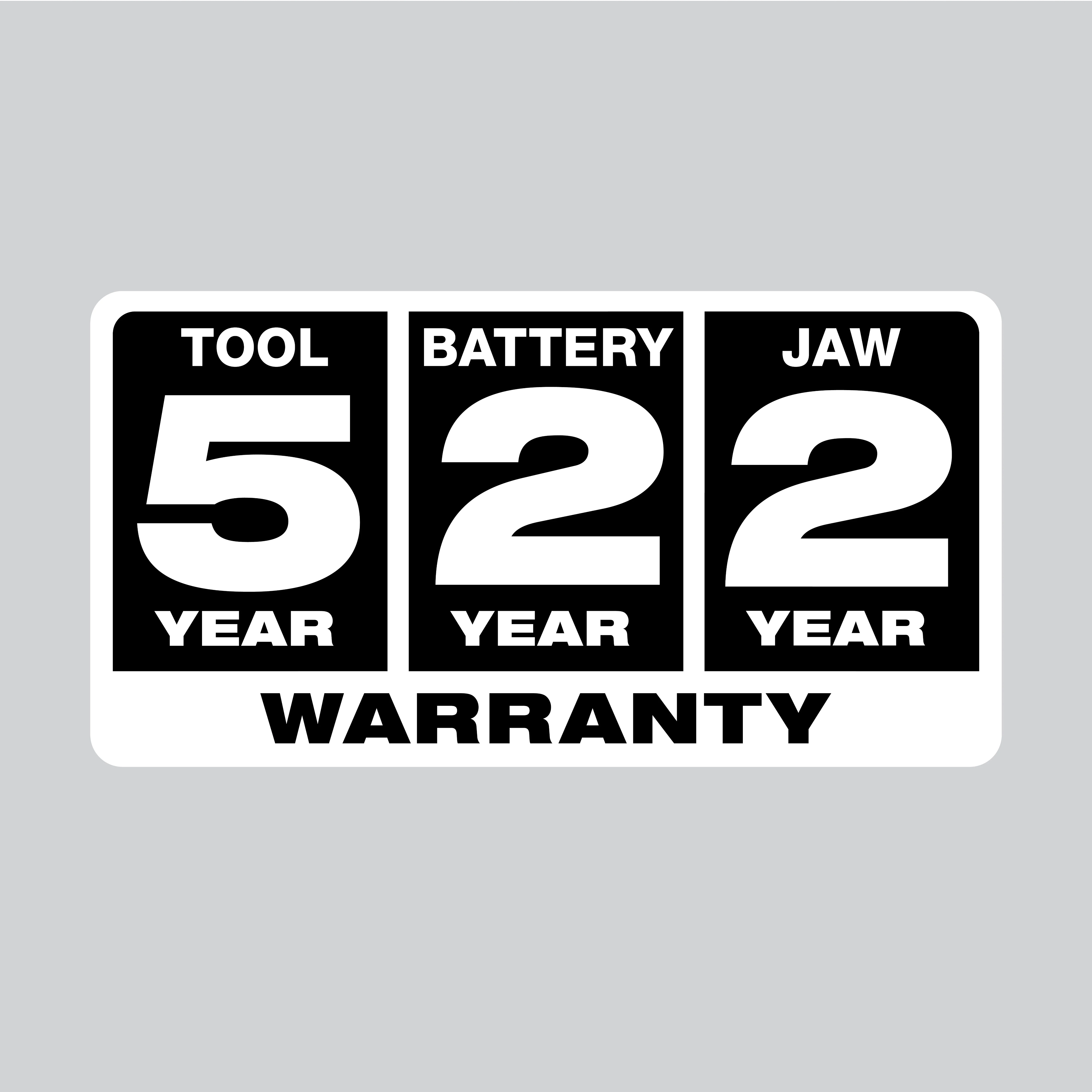 5 Year Tool, 2 Year Battery & 2 Year Jaw Warranty displayed in bold black and white text on a rectangular background.