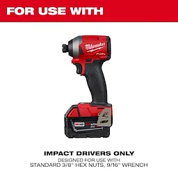 The SHOCKWAVE™ Impact Duty 3/8" Threaded Rod Nut Runner is designed for use with Milwaukee M18 Fuel impact drivers. It is compatible with standard 3/8" hex nuts and a 9/16" wrench, ensuring efficient nut running tasks. Usage is specific to impact drivers only.