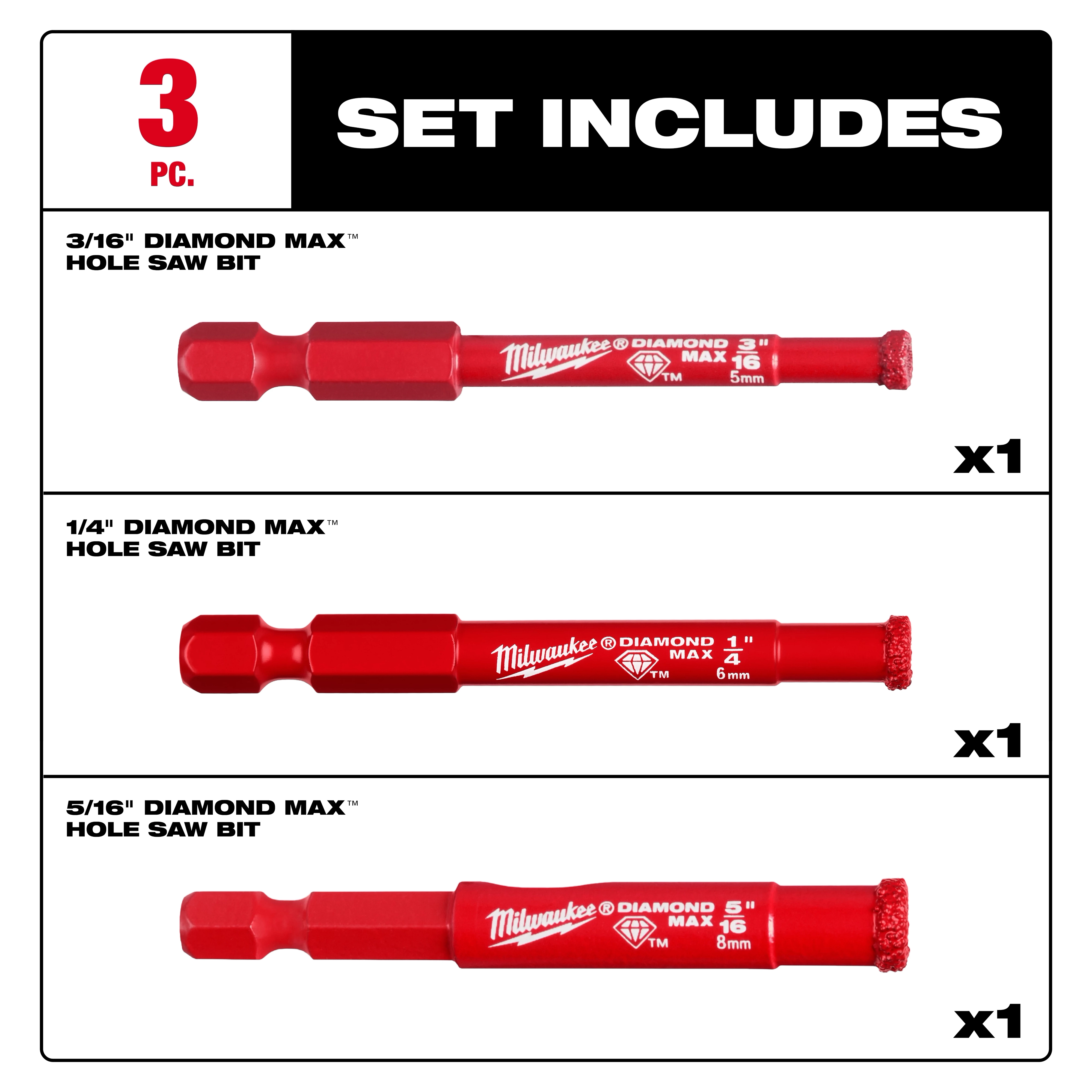 Set of three Diamond Max Diamond Grit Hole Saw Bits in 3/16-inch, 1/4-inch, and 5/16-inch sizes. Each bit is red.