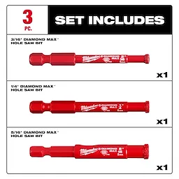 Set of three Diamond Max Diamond Grit Hole Saw Bits in 3/16-inch, 1/4-inch, and 5/16-inch sizes. Each bit is red.