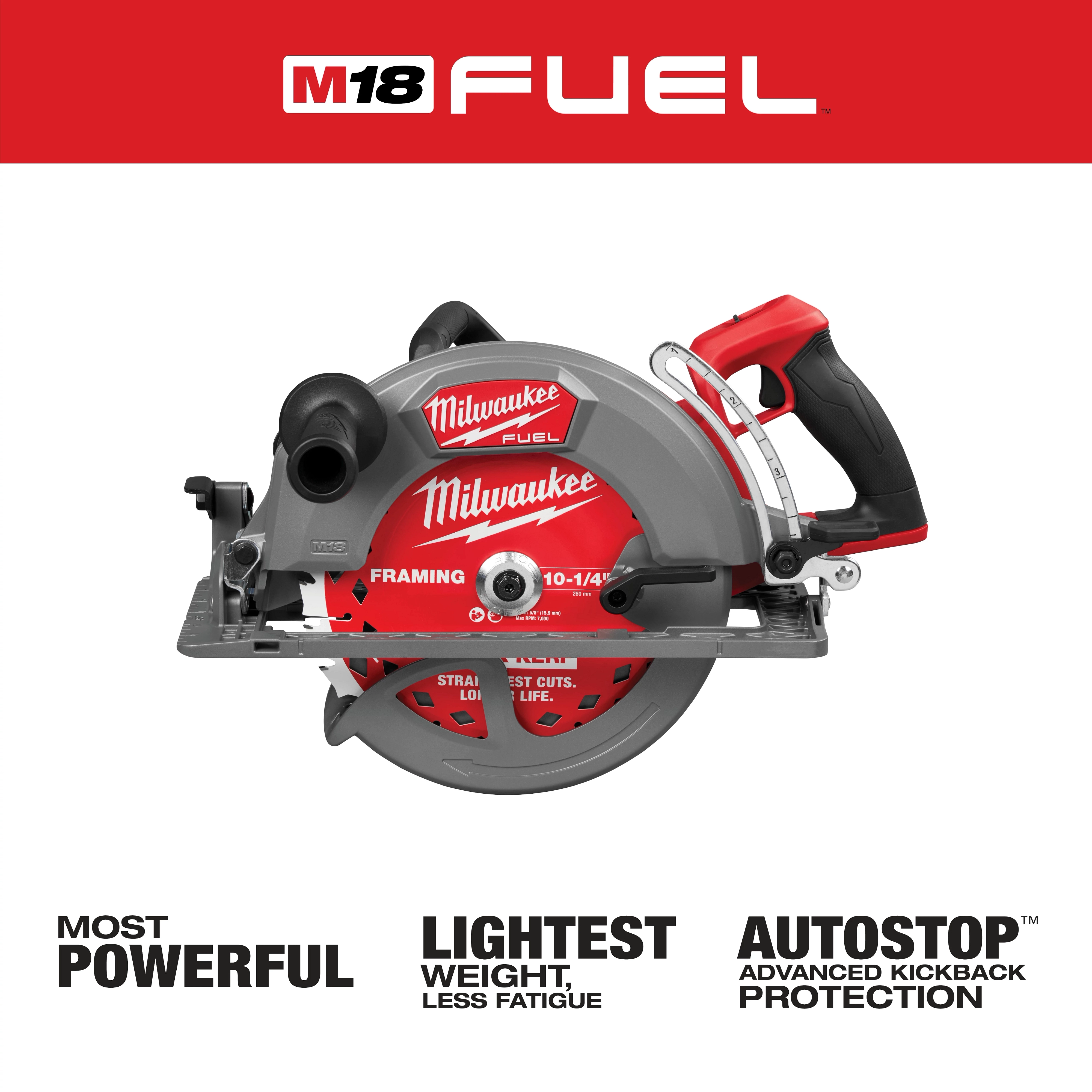 M18 FUEL 10-1/4" Rear Handle Circular Saw with text emphasizing power, lightness, and kickback protection.