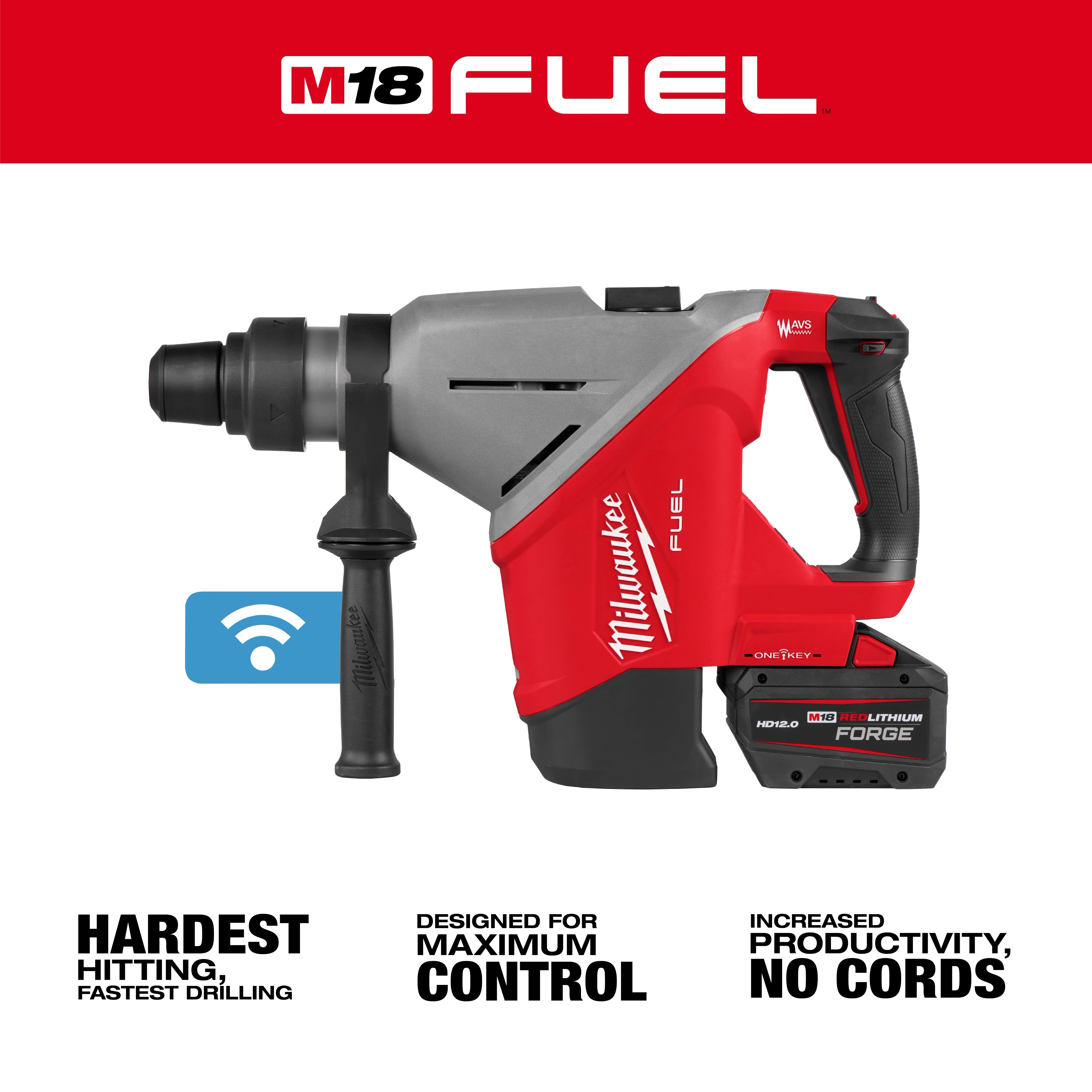 Milwaukee M18 FUEL 1-3/4" SDS MAX Rotary Hammer with ONE-KEY features a red and black design, cordless with a side handle.