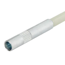 5 Foot Mid Flex Fish Stick end, showcasing a cylindrical metal tip attached to a flexible, translucent rod for wire fishing.