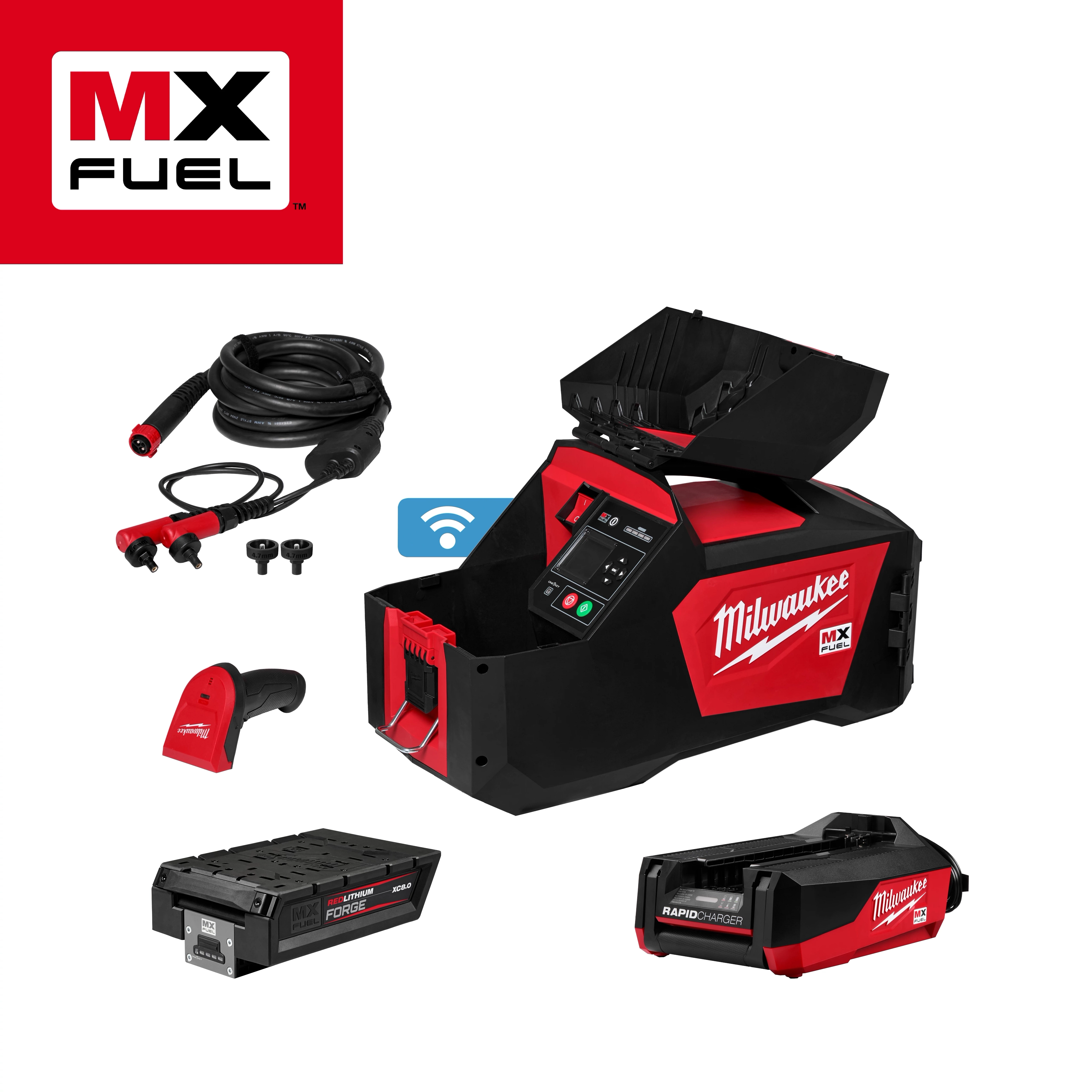 The MX FUEL™ Electrofusion Processor by Milwaukee features a black and red device with various cables, connectors, and a red attachment. Accessories include two battery packs, labeled "MX FUEL" and "REDLITHIUM." The MX FUEL™ branding is prominently displayed in the top left corner.