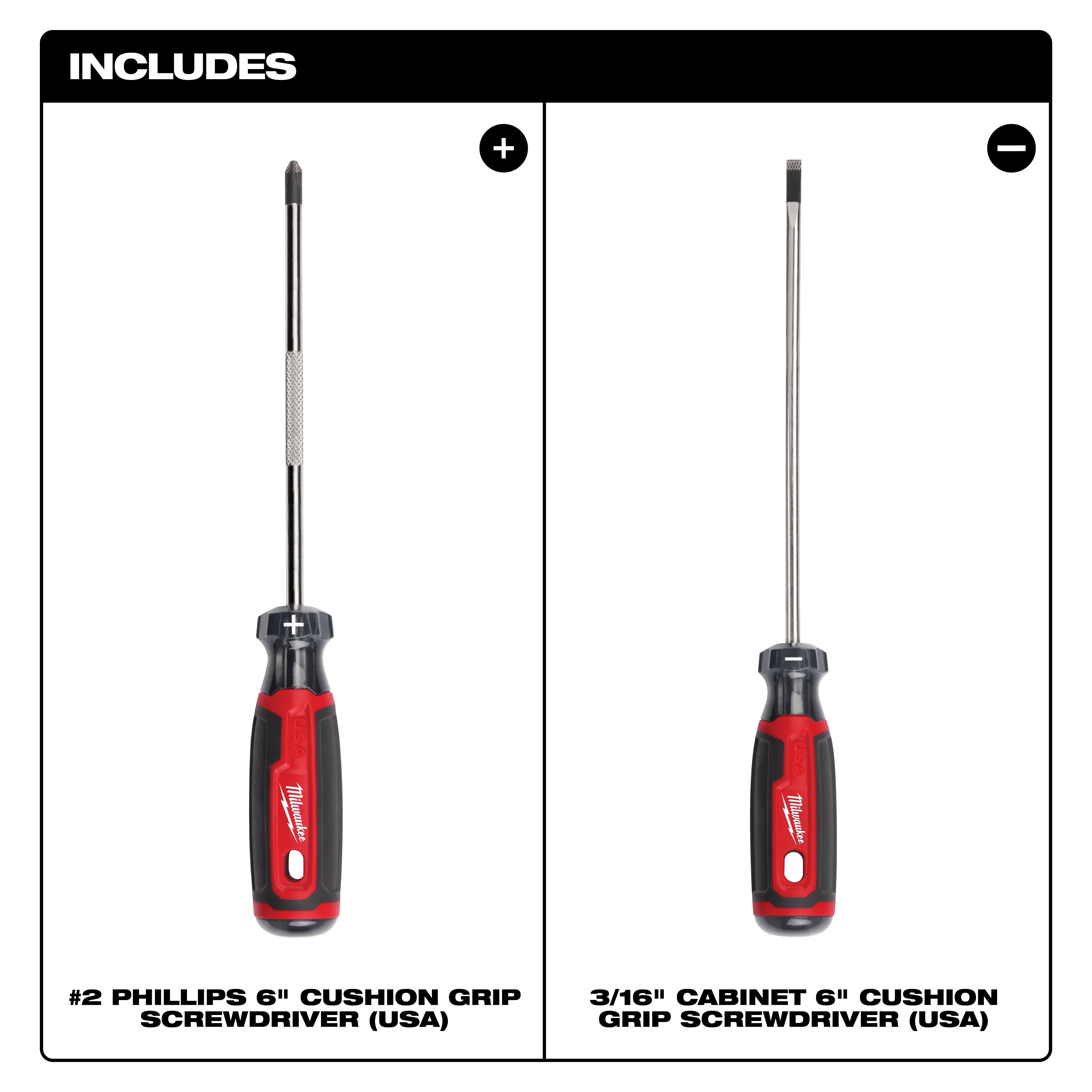 2 PC. Cushion Grip Screwdriver Set (USA) includes a #2 Phillips 6" screwdriver and a 3/16" cabinet 6" screwdriver, both with black and red handles.