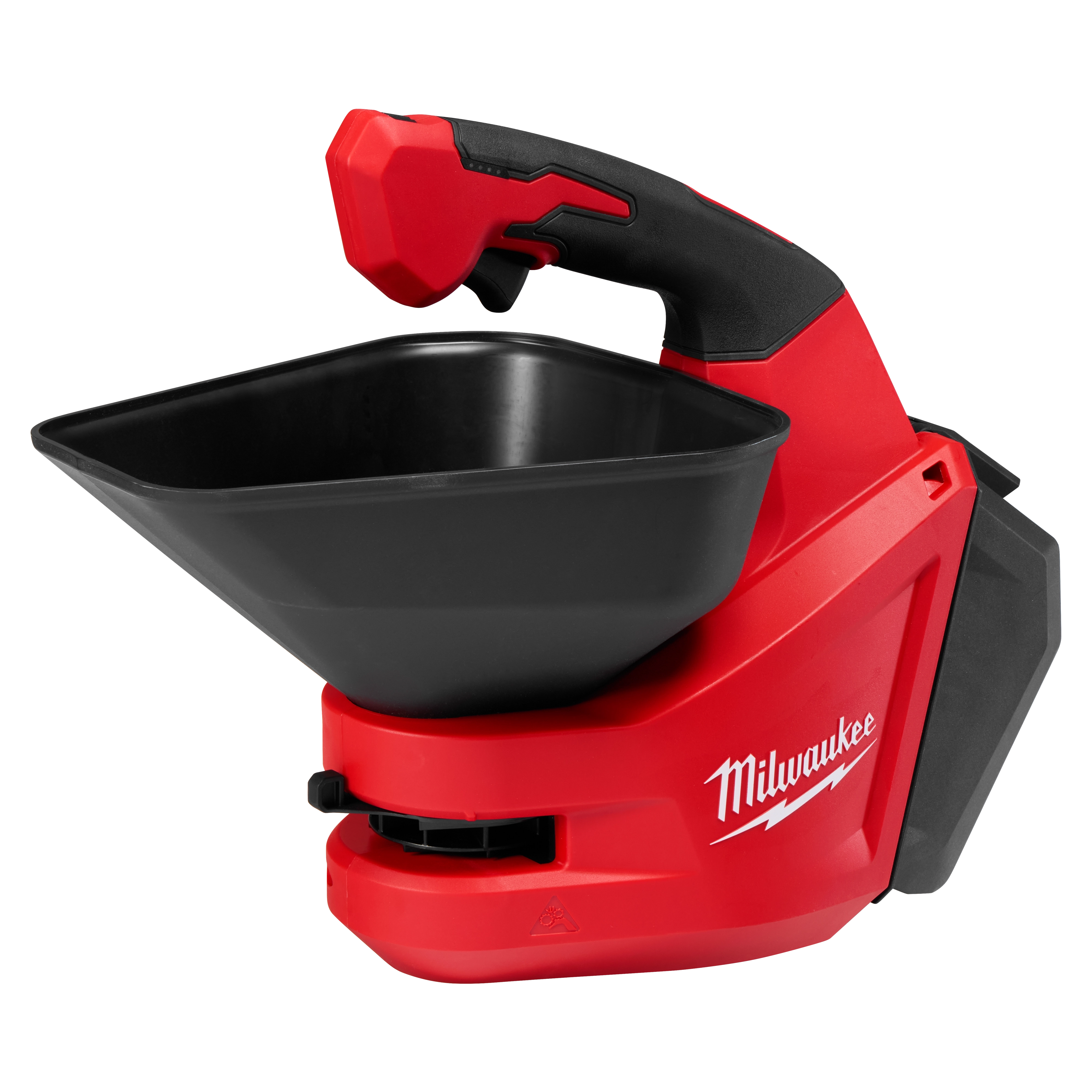 M12 Handheld Broadcast Spreader with a large black hopper and ergonomic handle on a compact red body.