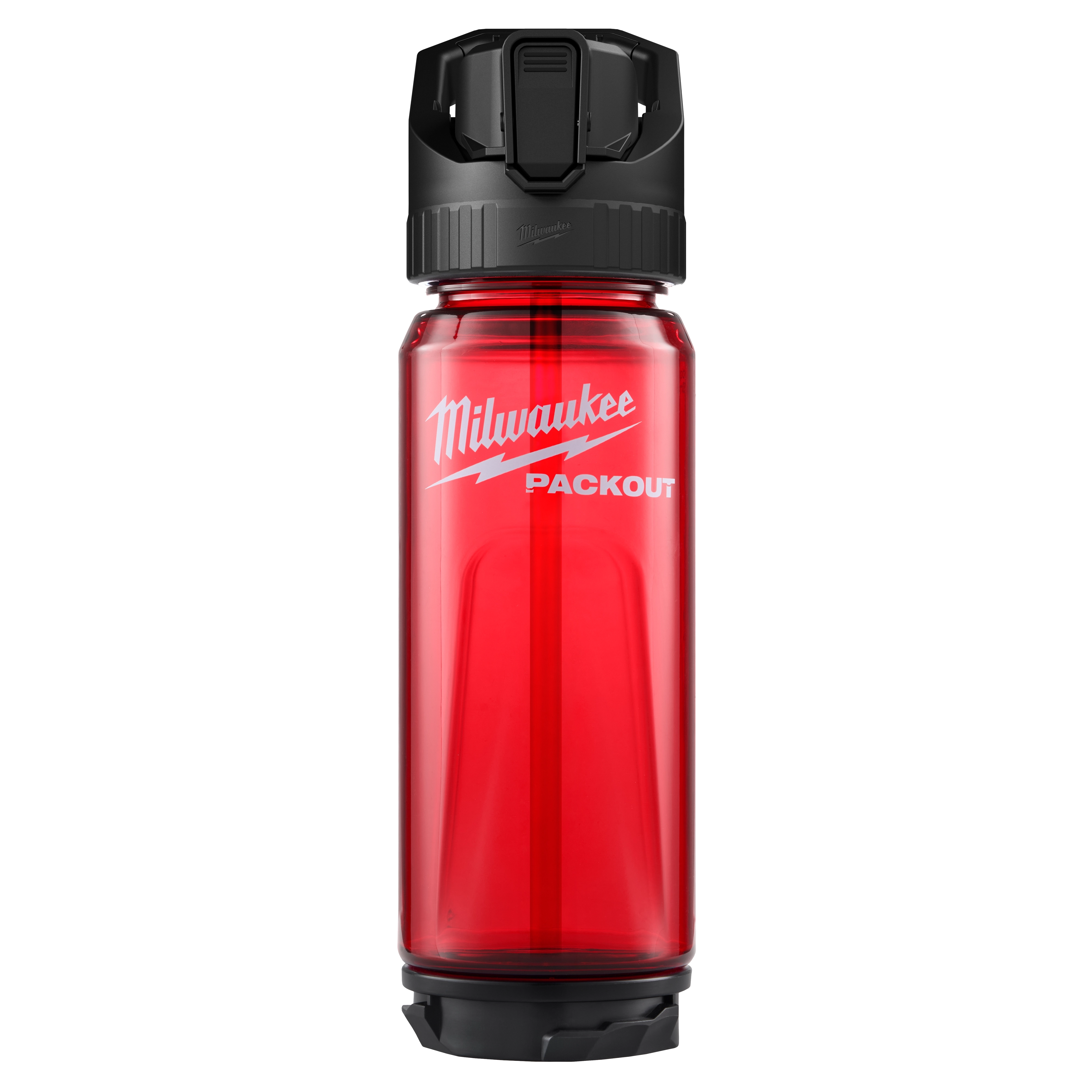 PACKOUT 25oz Bottle with Straw Lid standing upright with a black lid and red body.