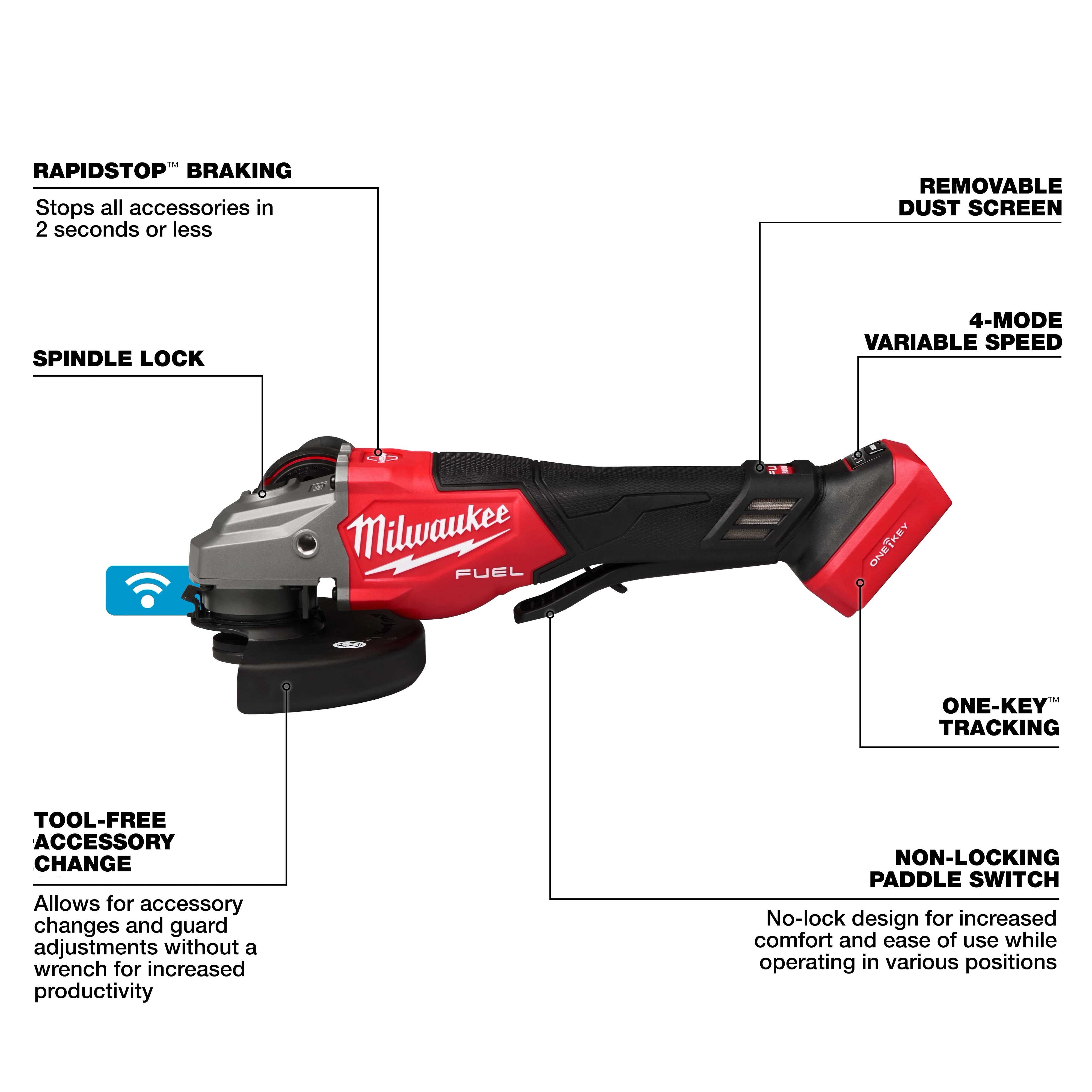 Milwaukee M18 FUEL™ 4-1/2"-6" Variable Speed Braking Grinder, Paddle Switch w/ ONE-KEY™ features rapidstop braking, spindle lock, removable dust screen, 4-mode variable speed, tool-free accessory change, and a non-locking paddle switch. The red and black grinder also offers ONE-KEY™ tracking functionality.